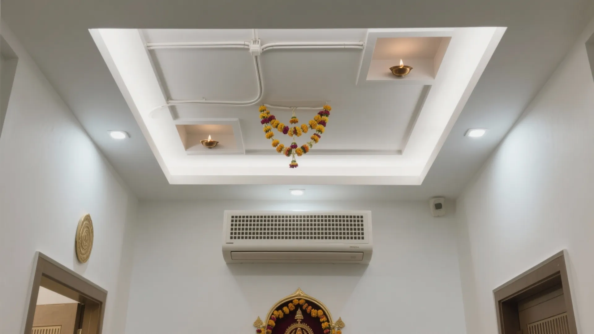 Modern white room with flower garland hanging from ceiling tray and air conditioner on wall