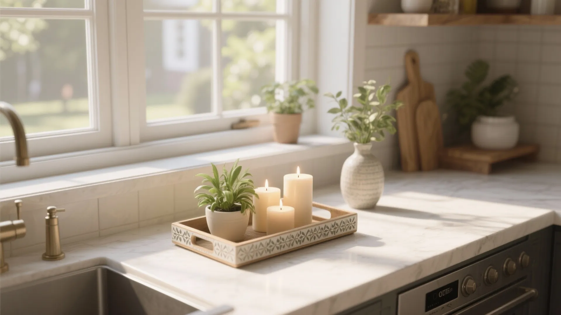 A wooden tray with small potted plant and three white candles on a kitchen counter