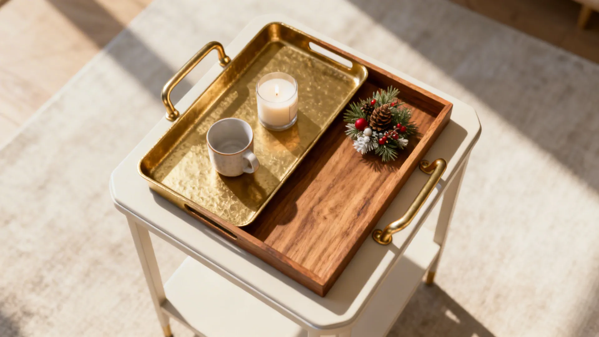 Top-down view of a tray-top accent table with removable wooden tray and styled objects