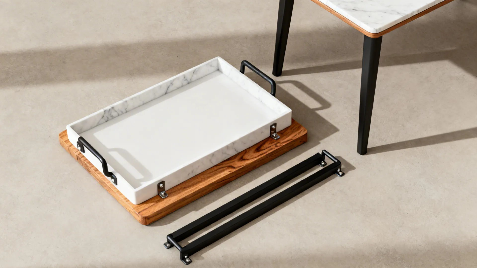 Top-down flatlay of a tray-top convertible table showing tray, detachable legs and locking detail