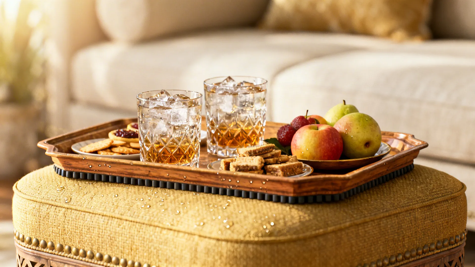 Tray-top ottoman with lipbed tray holding drinks and snacks on a flat surface