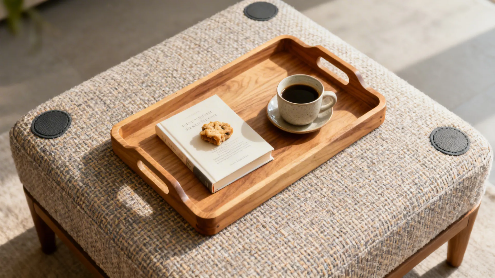 Top-down view of a removable wooden tray sitting securely on an upholstered ottoman with a coffee cup