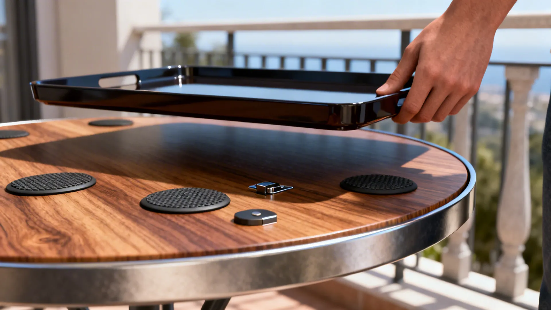 Close-up of a tray-top round table with removable tray, showing anti-slip pads and magnetic catch.