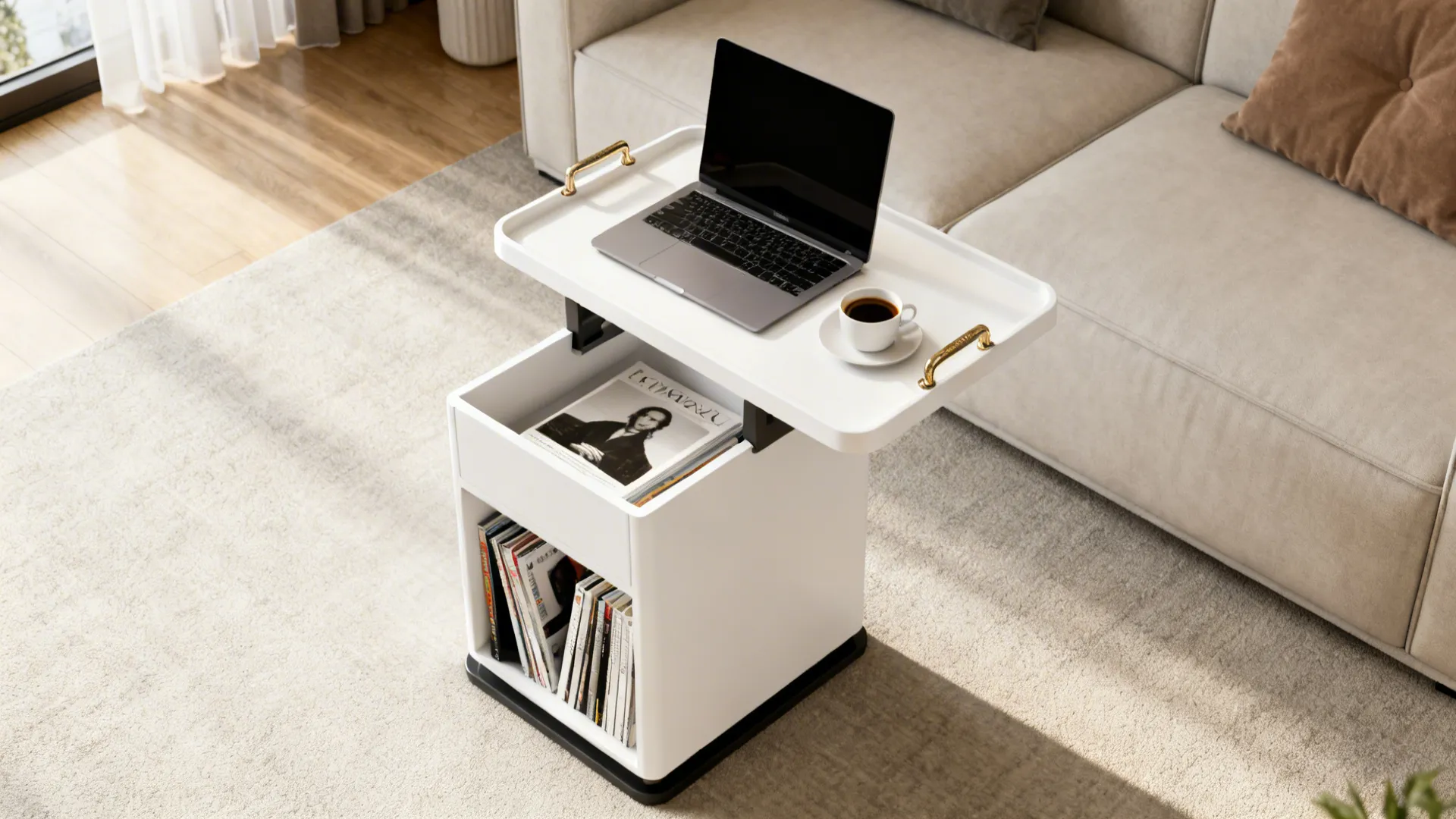 Removable tray-top white end table lifted as a lap desk with laptop and coffee, base storing magazines