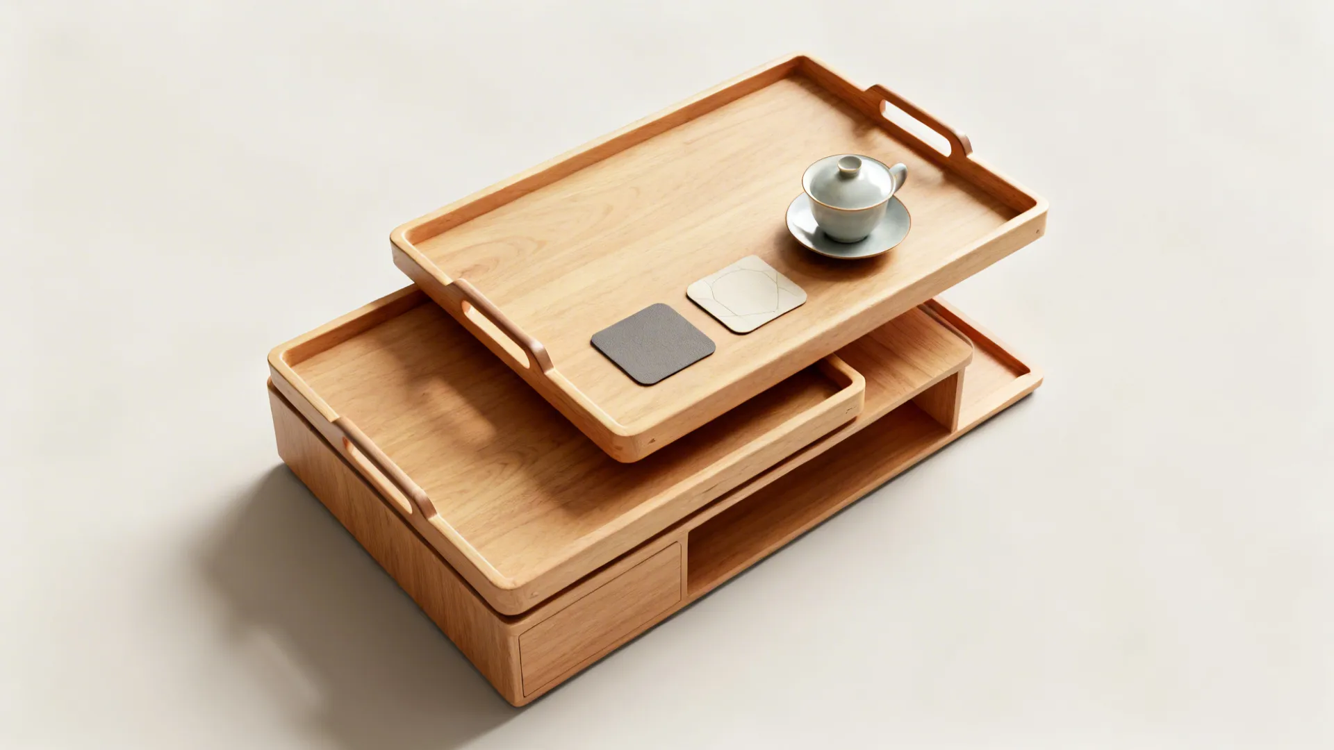 Wooden storage unit with a removable tray on top holding a tea cup and small saucer
