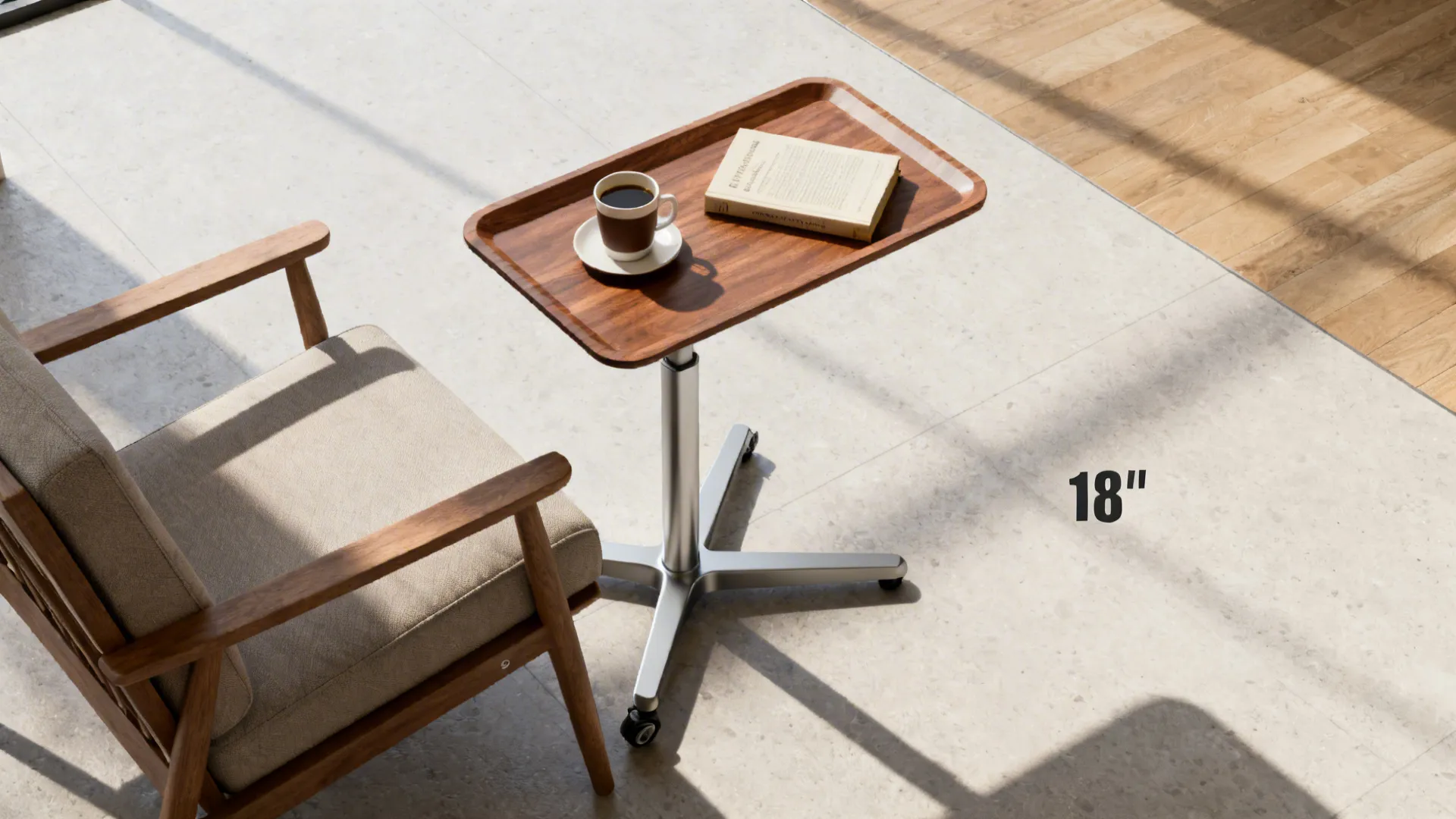 Top-down view of a portable tray-top side table serving coffee beside a reading chair
