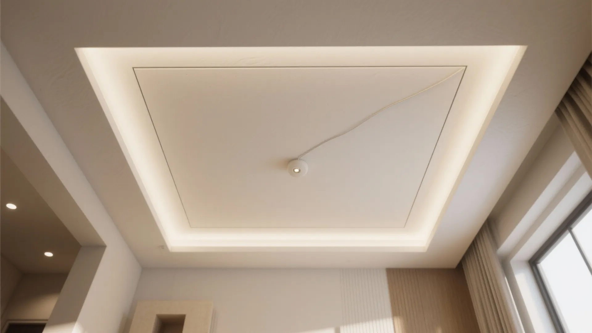 Interior design drawing of a white ceiling with hidden light fixture and a small spotlight