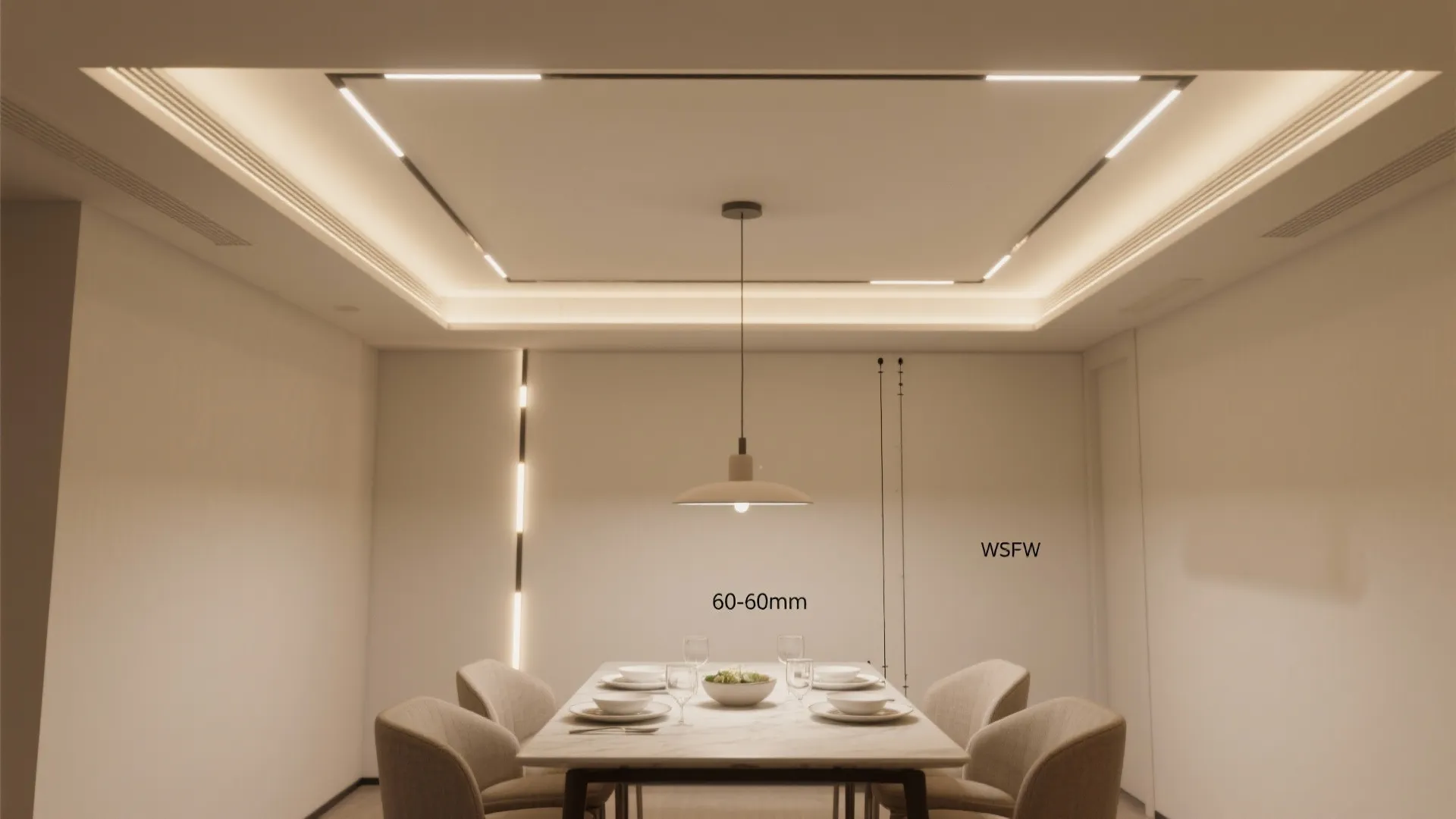 Modern dining room with rectangular ceiling light above a white table and four grey chairs