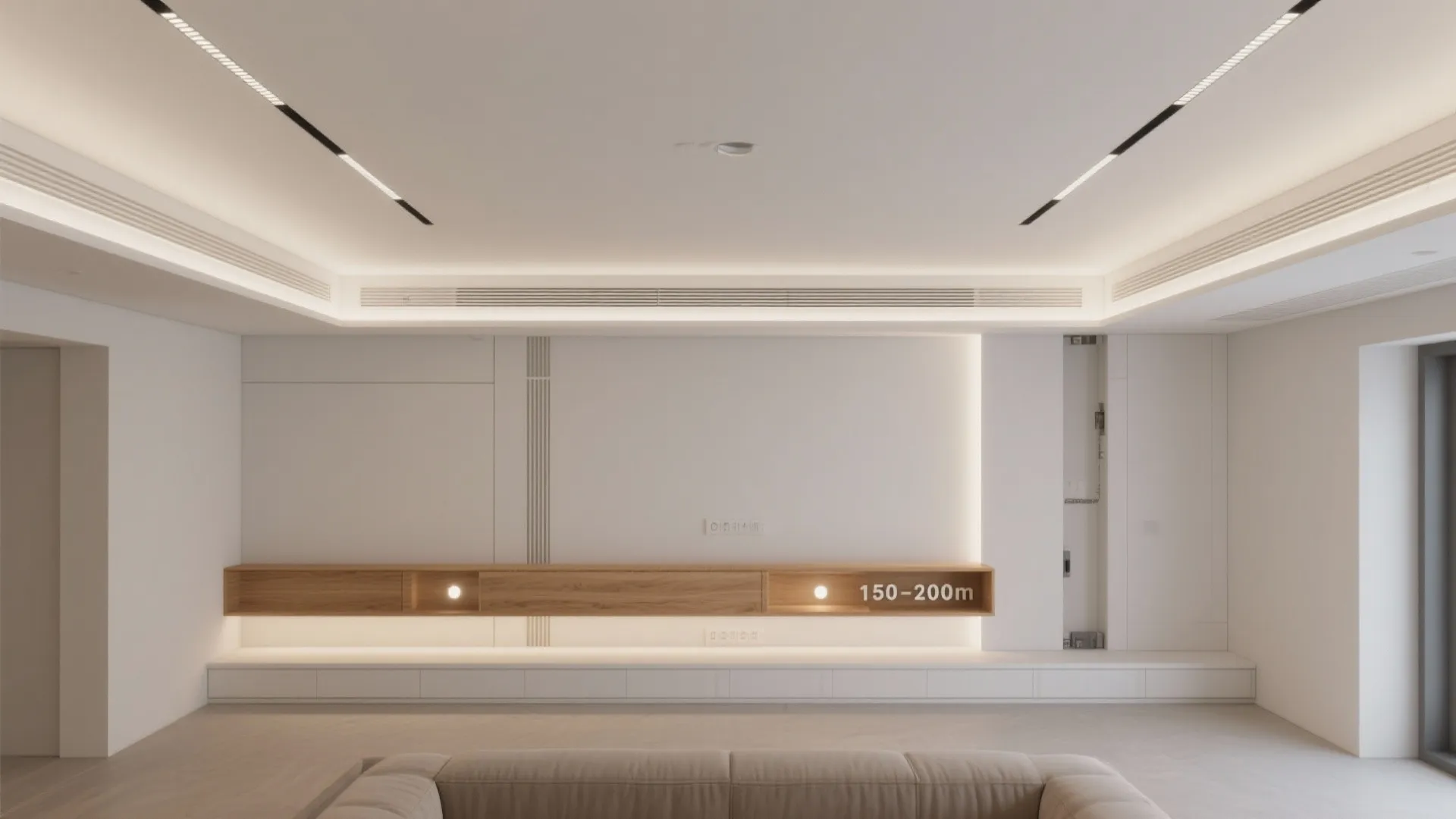 Top-down ceiling view showing floating wood tray inset with perimeter LED cove.