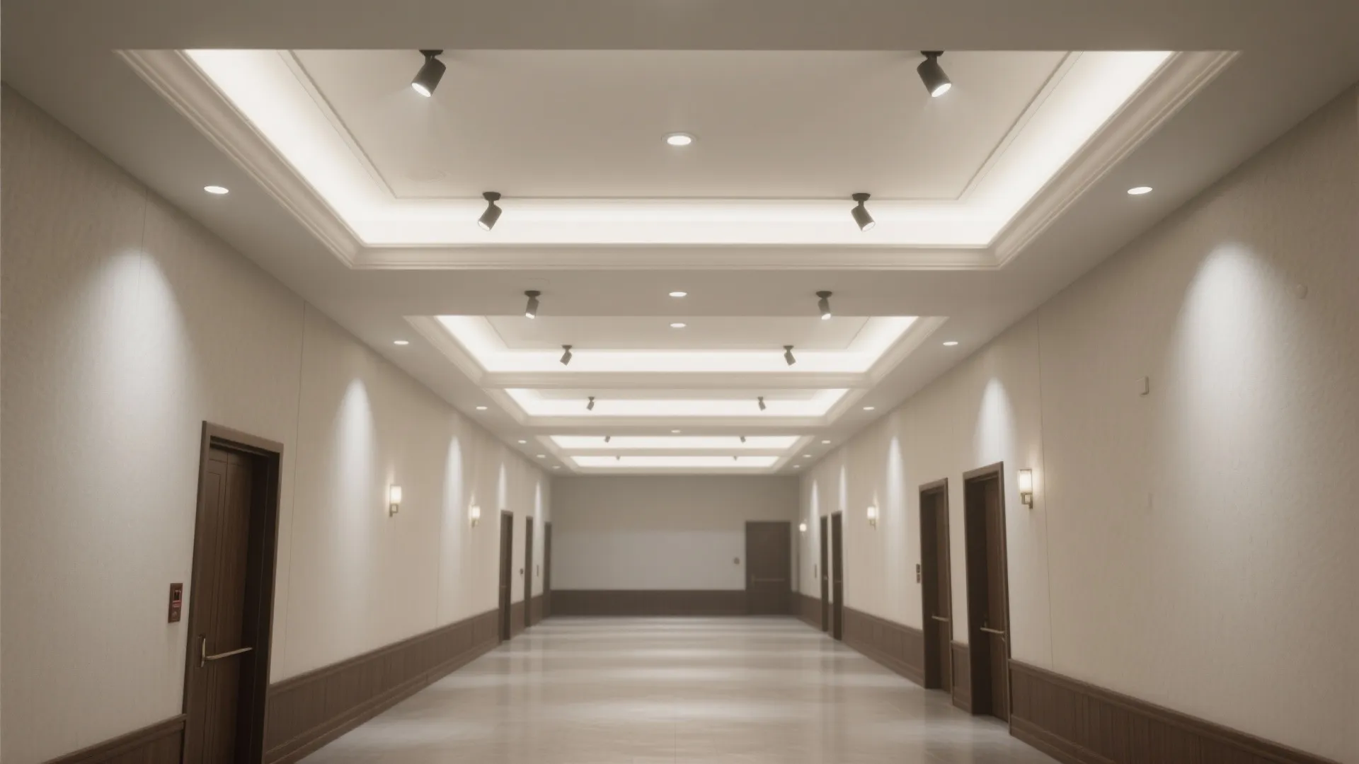 Long office hallway with recessed ceiling light wall light fixtures dark wood doors and paneling