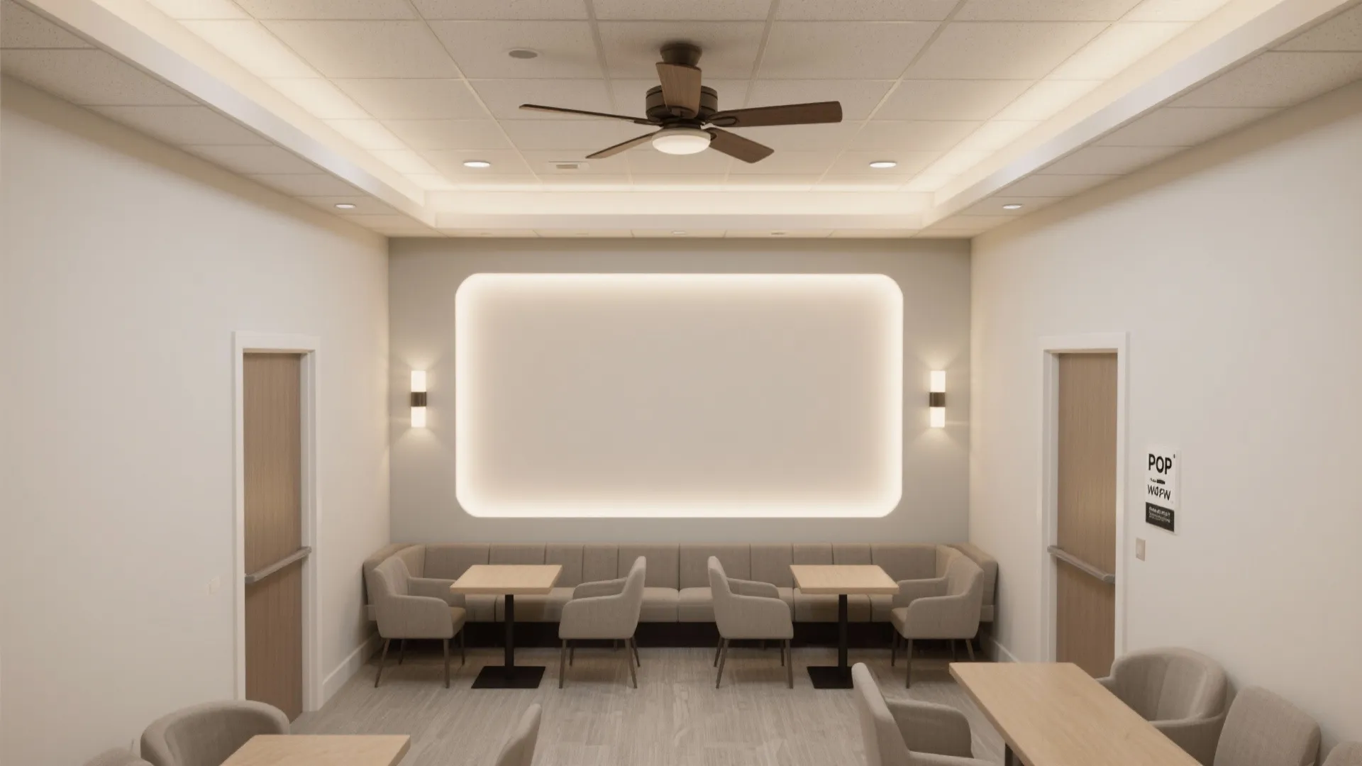 Modern office lounge area with grey sofa seating small wooden tables and ceiling fan light