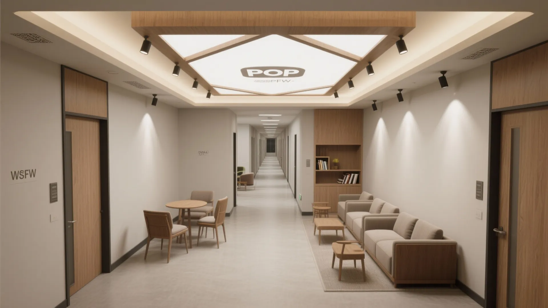 Long modern office hallway featuring beige sofa seating area round wooden table and bright lights