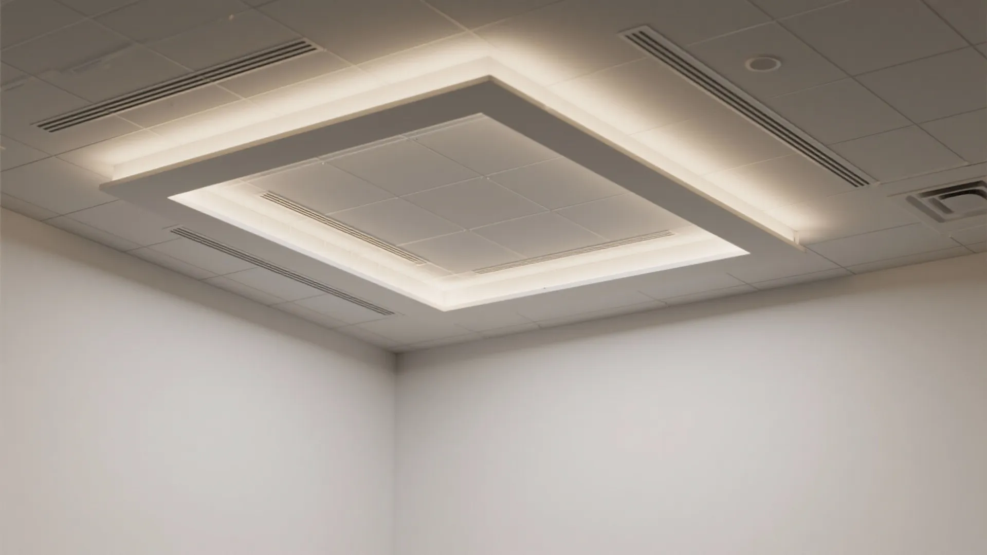 Top-down view of a shallow POP tray ceiling with concealed perimeter LED channel.