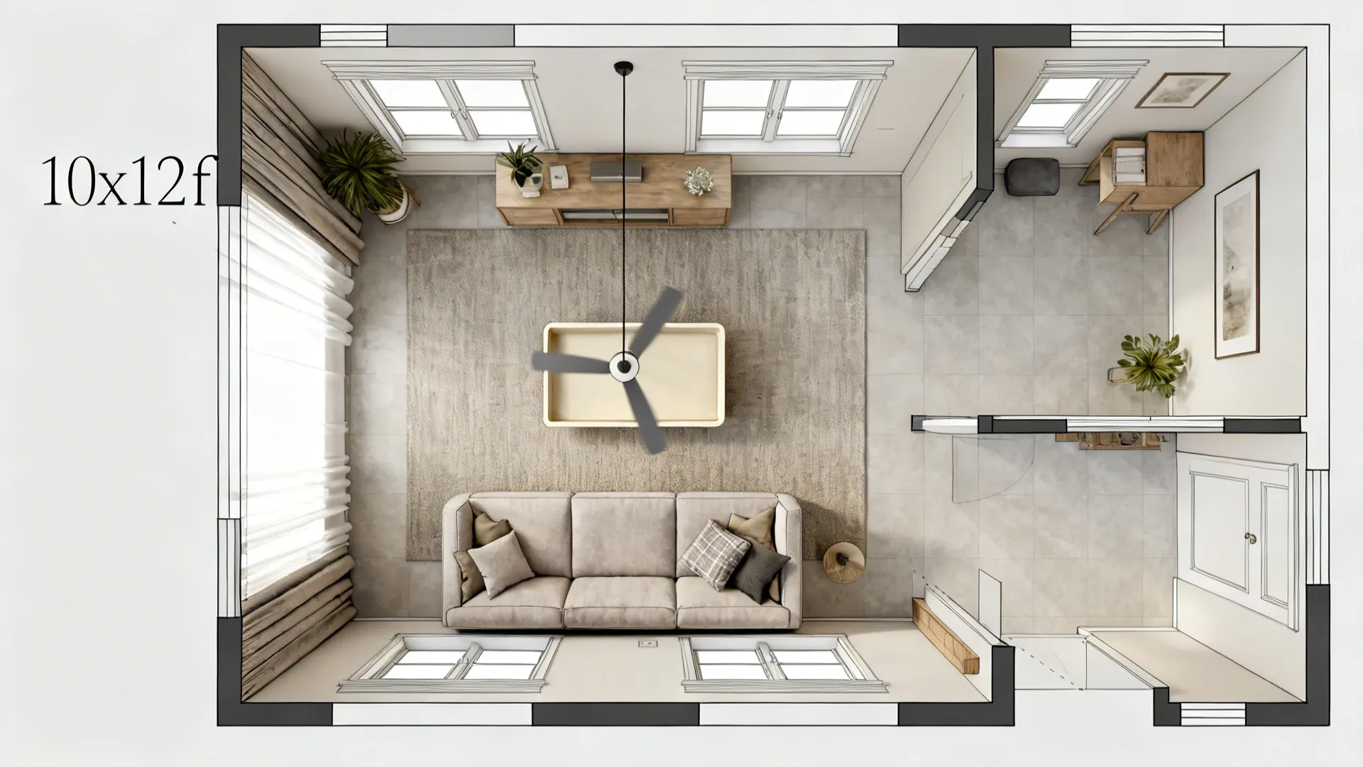 Top-down view showing a shallow tray ceiling centered over the sofa in a 10x12 ft room.