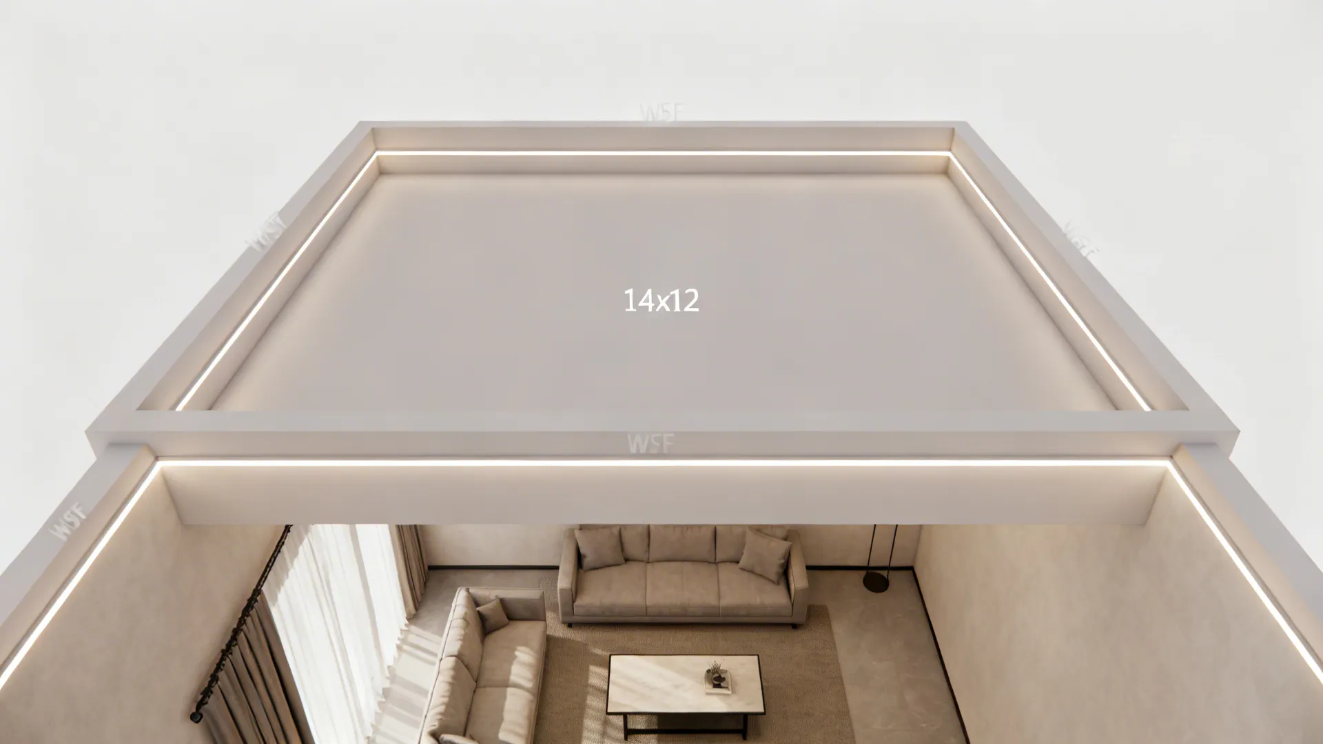 Interior design drawing showing modern living room with sofa coffee table and recessed ceiling light