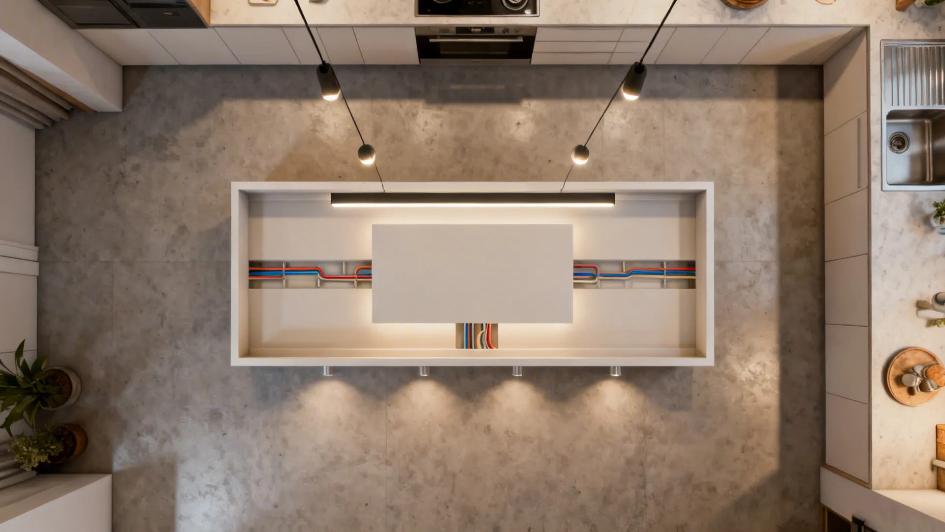 Top-down view showing a rectangular POP tray zoning lights over the kitchen run.