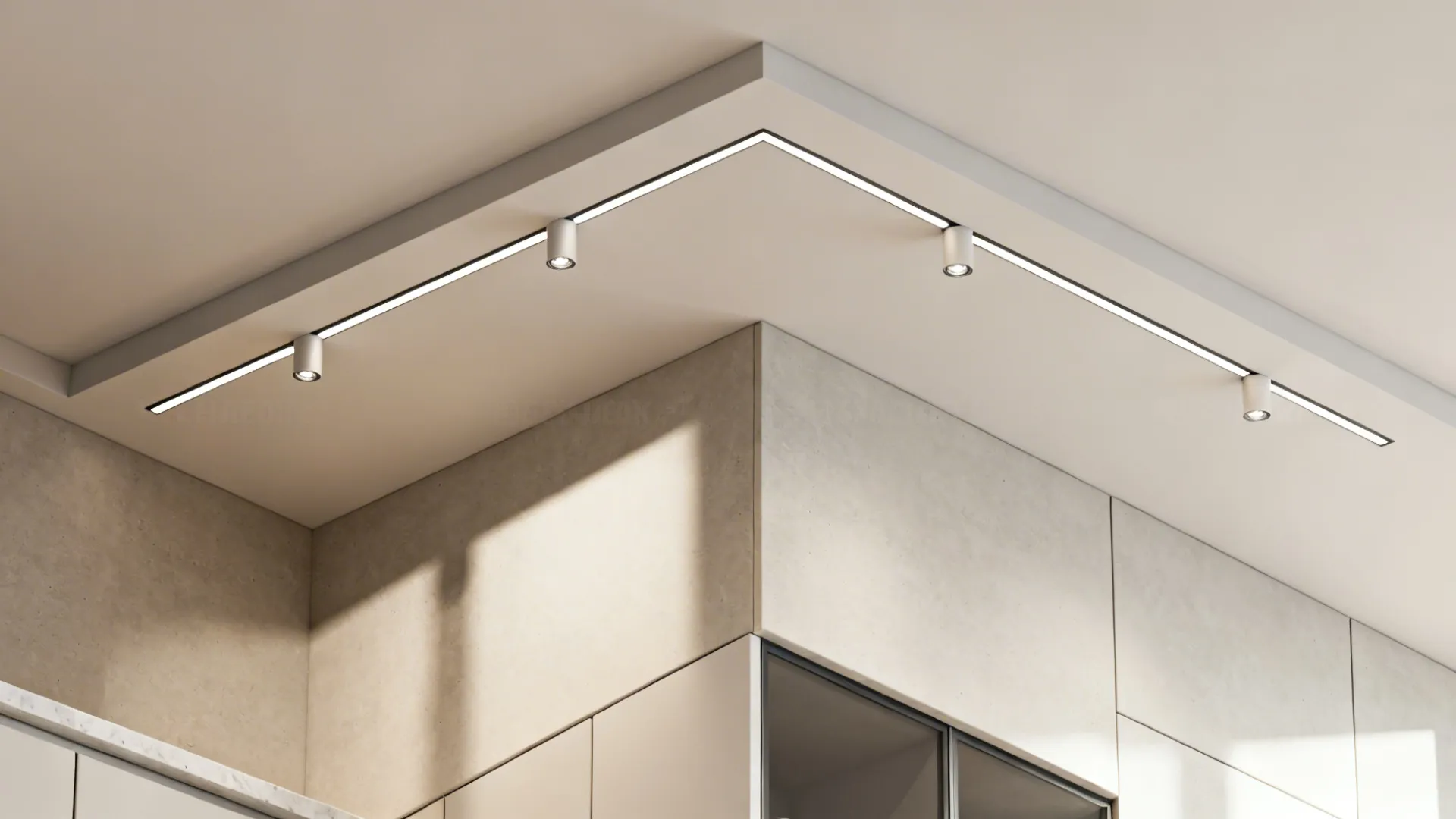 Top-down view of a small kitchen ceiling plan with slim tray and recessed lights.