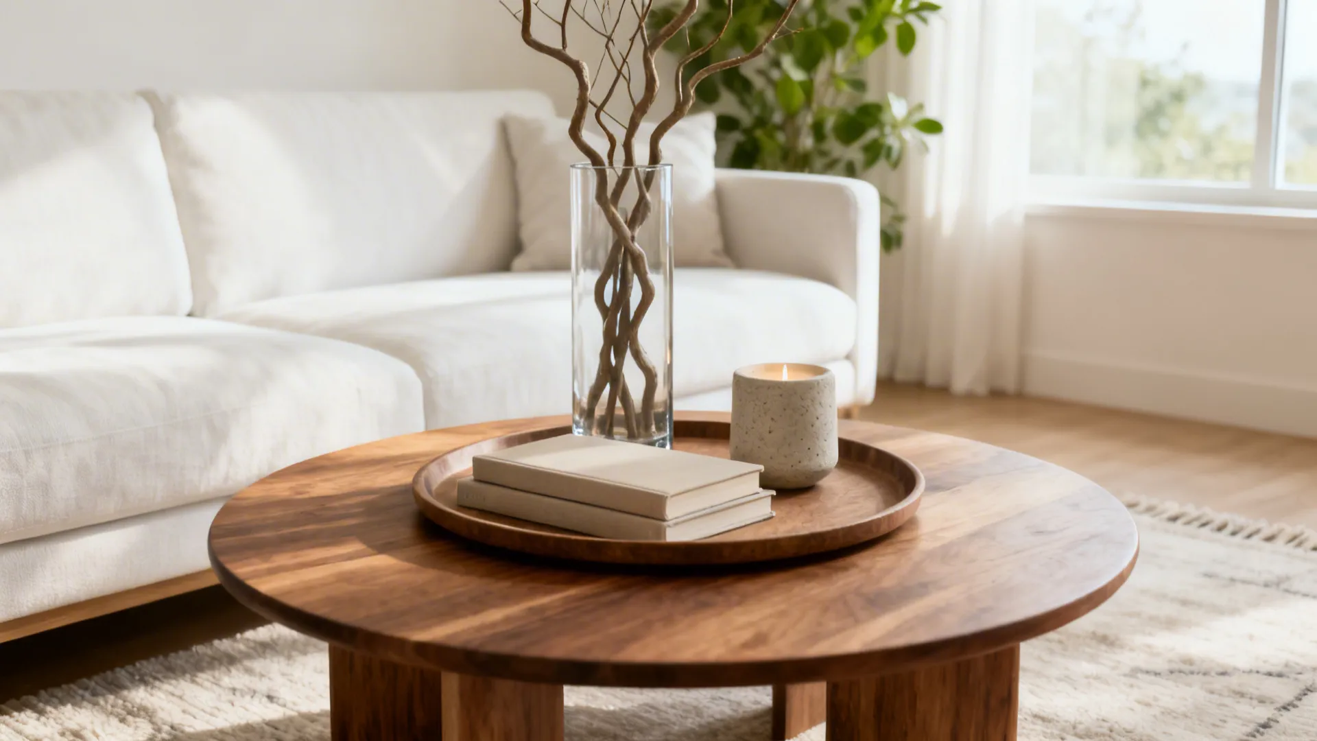 Small centre table with a round tray holding branches, two books, and a stoneware candle in a bright living room.