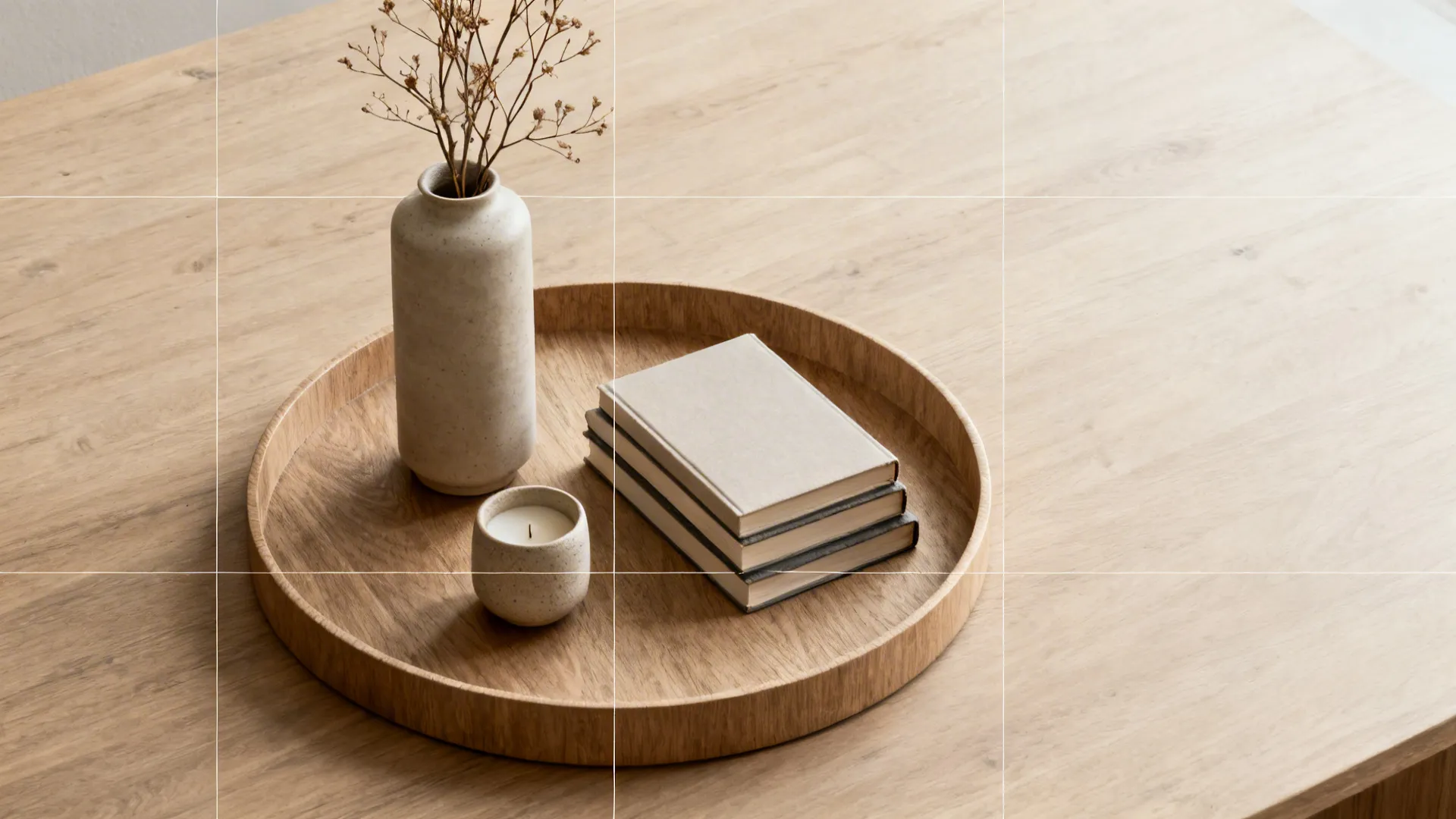 Top-down view of a round tray with a vase, books, and a candle arranged with clear spacing on a wood table.