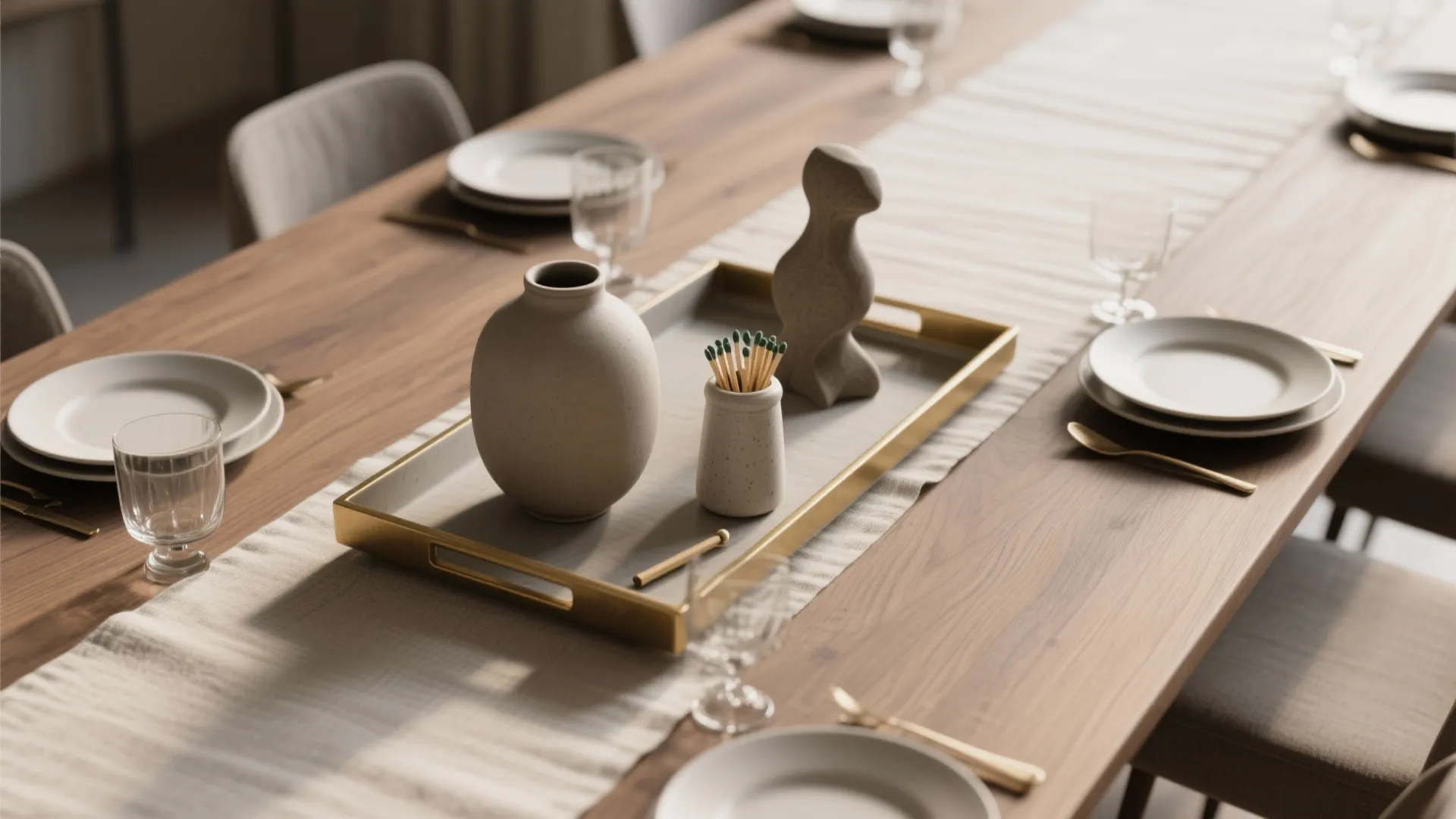 Top-down long tray vignette with low vase, salt cellar, match striker, and small objet, 7–9 inches from edges.