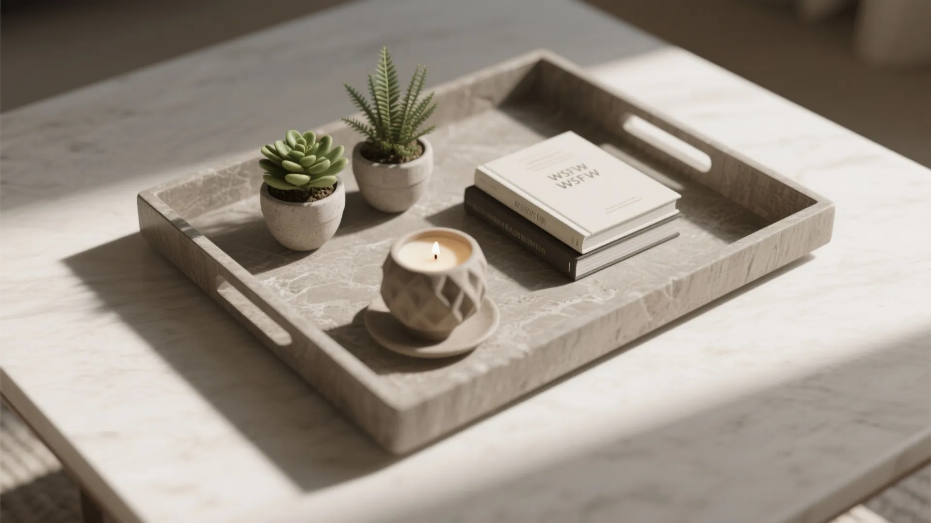 Grey stone tray on marble table holding two small plants one candle and two books