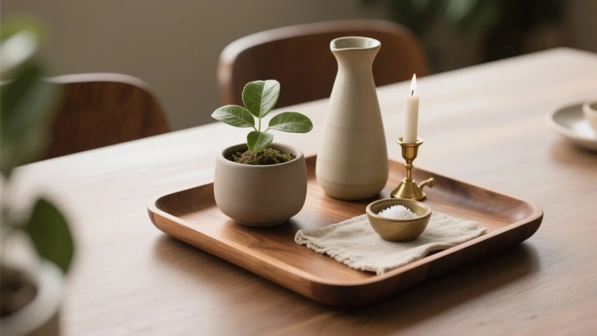 4) A tray vignette: wood, ceramics, and a tiny plant