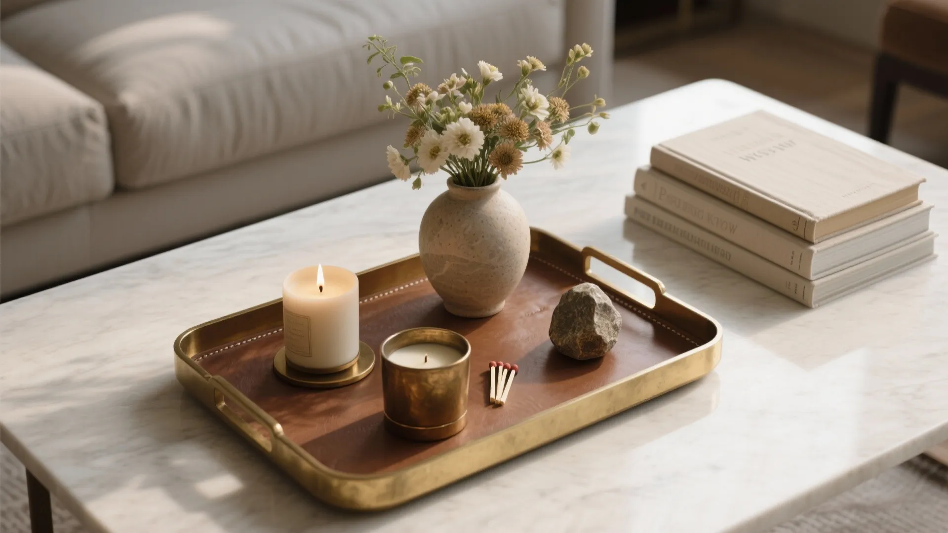 Leather tray on marble table with lit candle white flowers in vase and stacked books