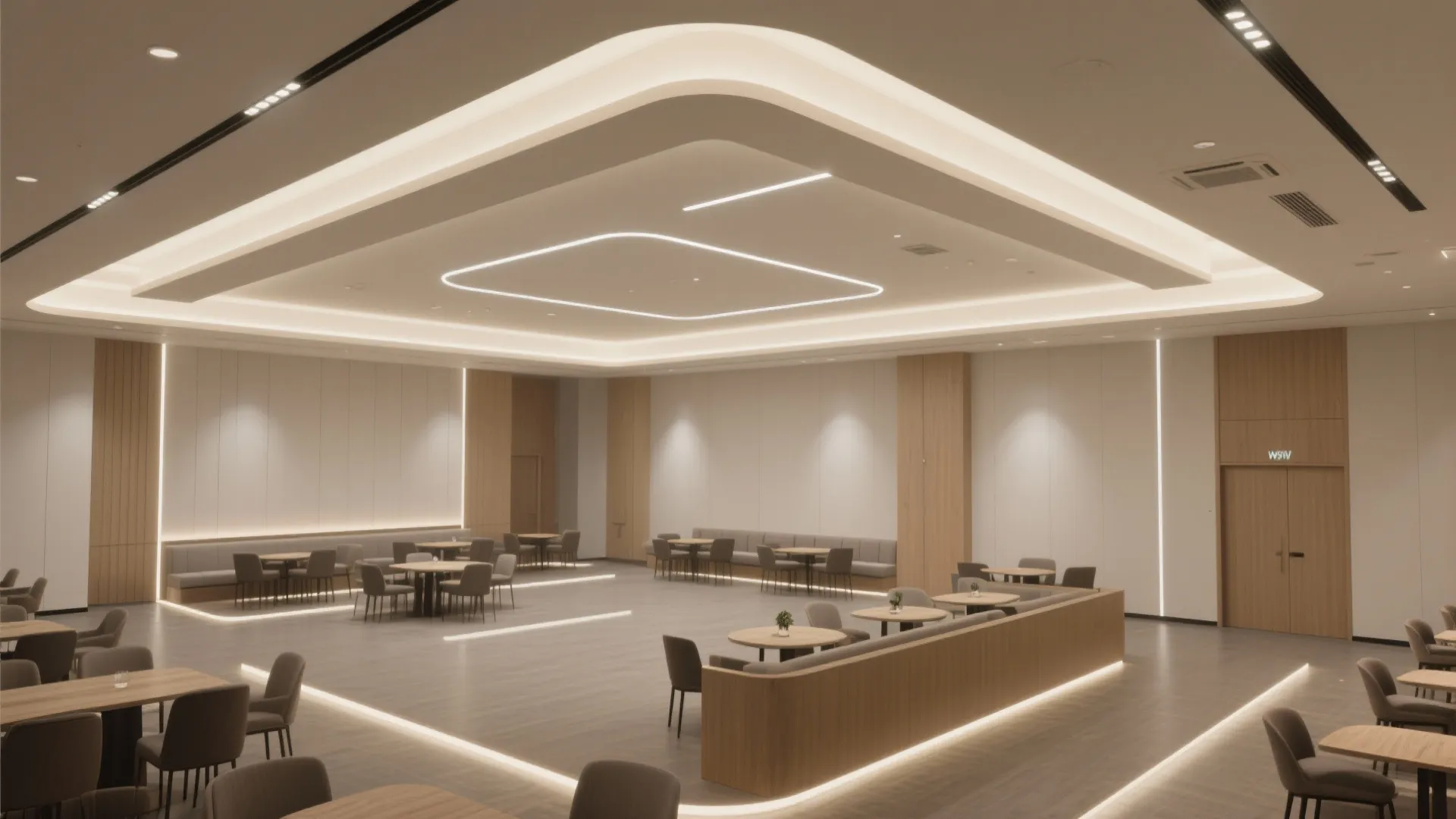 Large empty dining hall with many tables chairs wooden wall panels and bright rectangular ceiling lights