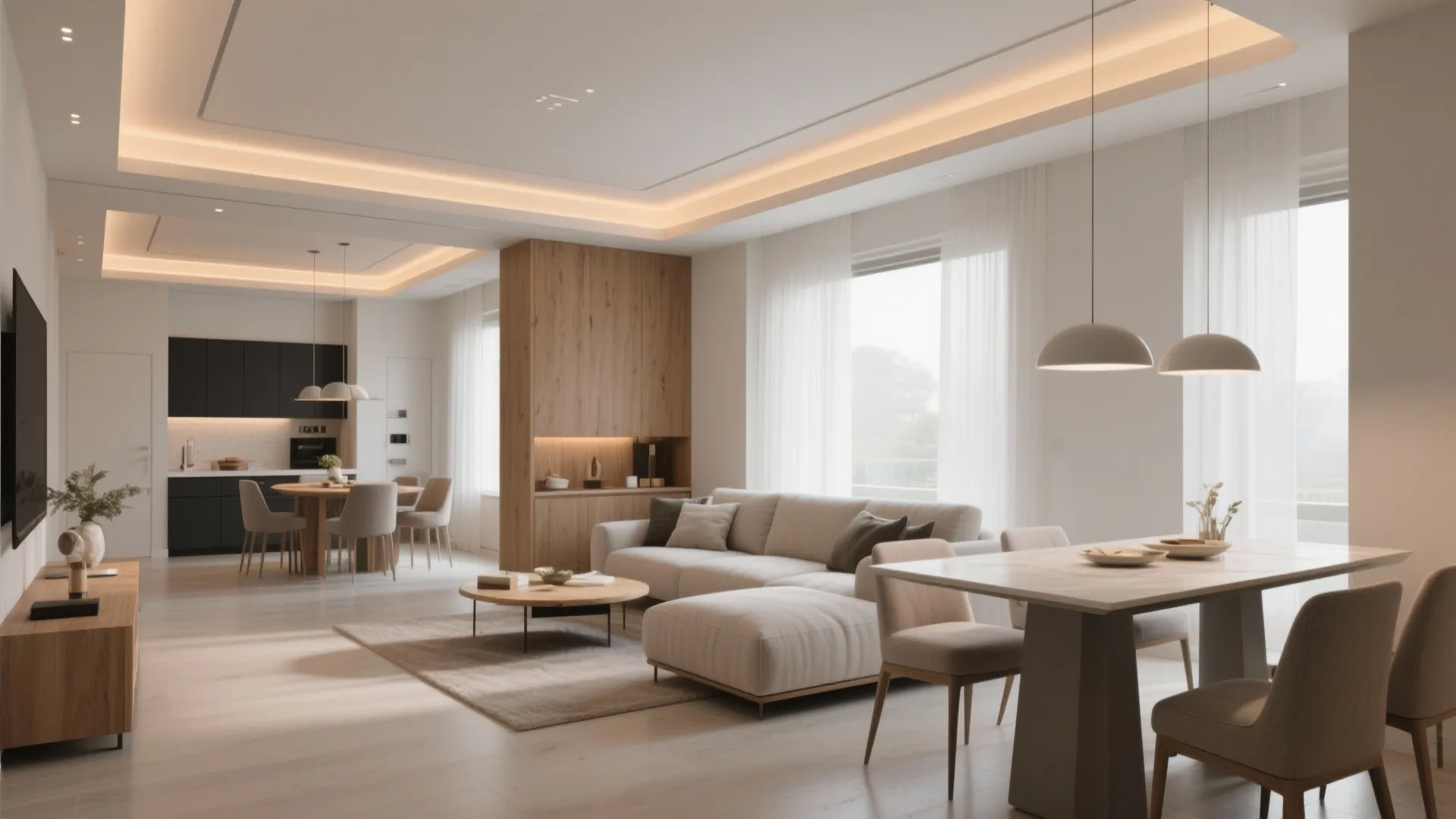 Modern open plan living room with white sofa wooden cabinet dining table and bright ceiling light