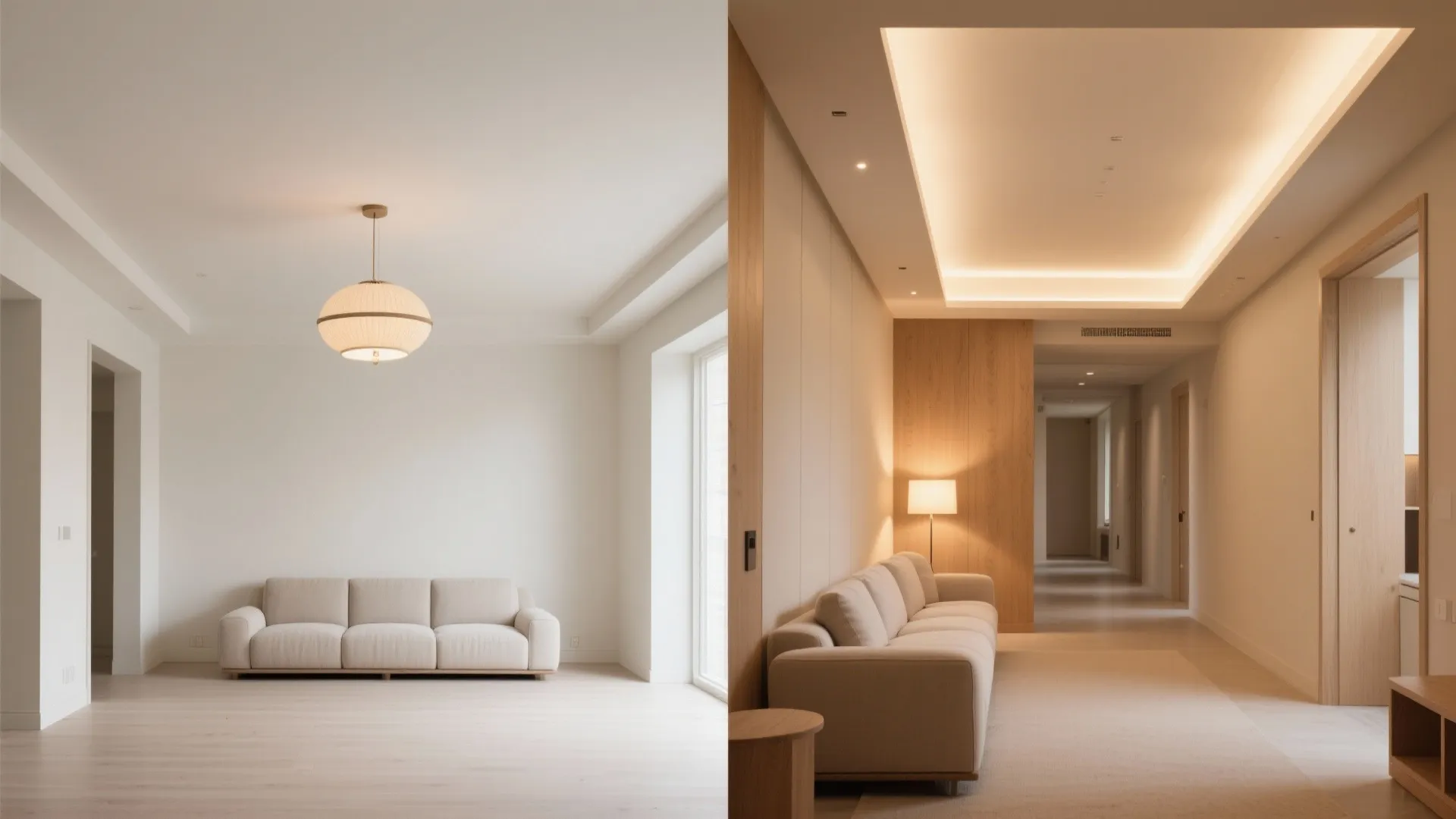 Side by side interior design images of a white living room and a warm hallway