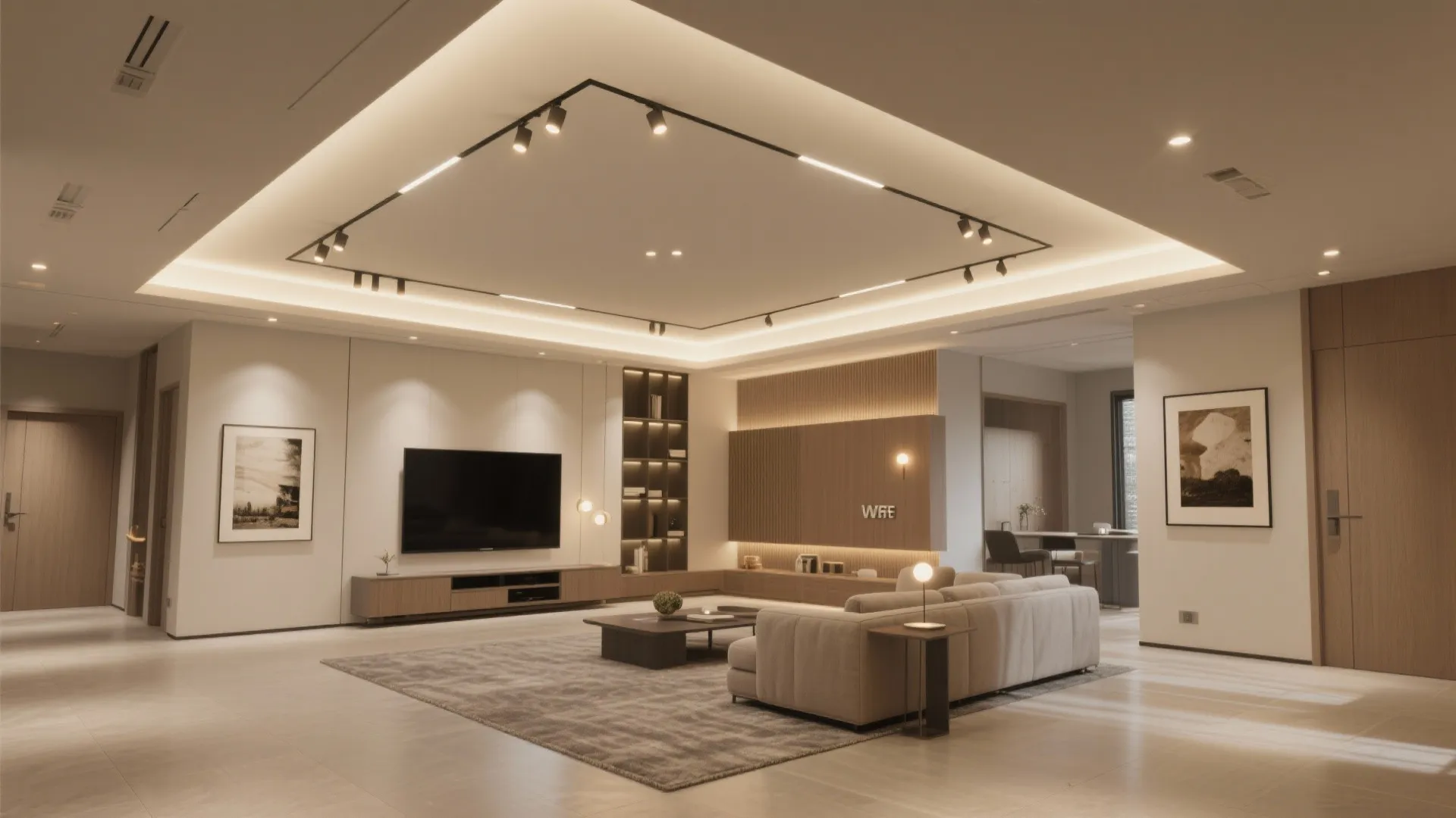 Layered Ceiling Trays with Zoned Lighting