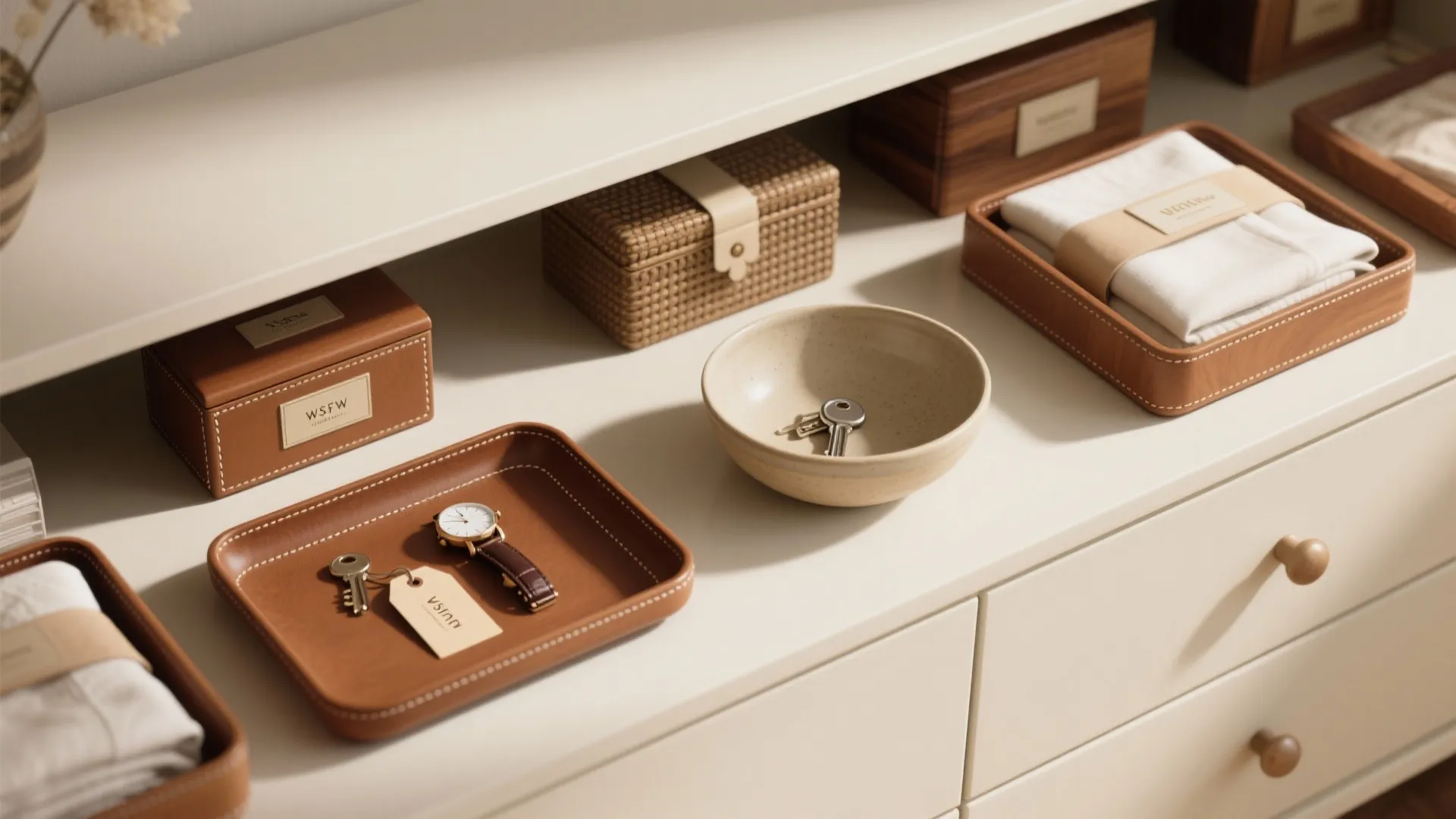 3. Functional Styling with Trays and Boxes