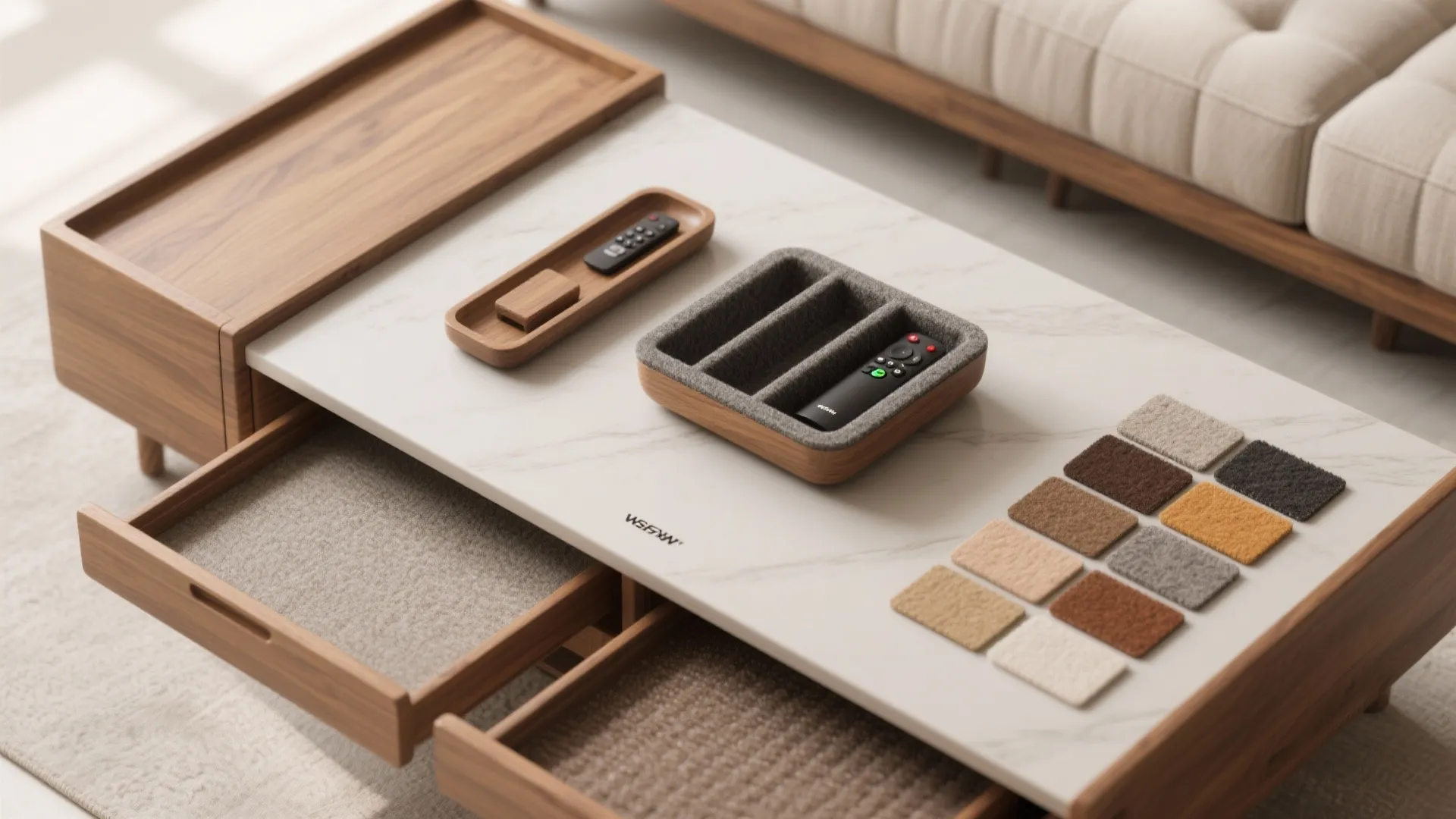 Top-down view of an ottoman with removable wooden and felt trays and material swatches.