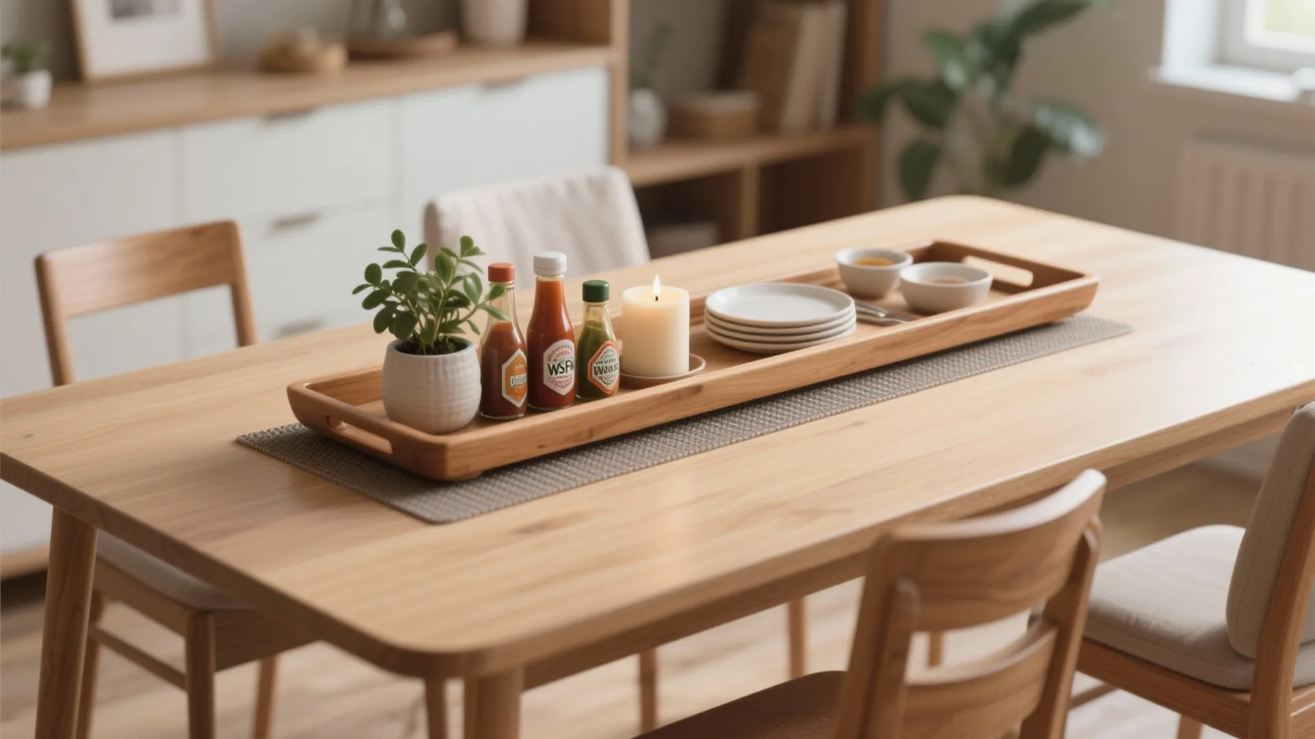 Wooden dining table with long tray holding small green plant sauce bottles and white candle