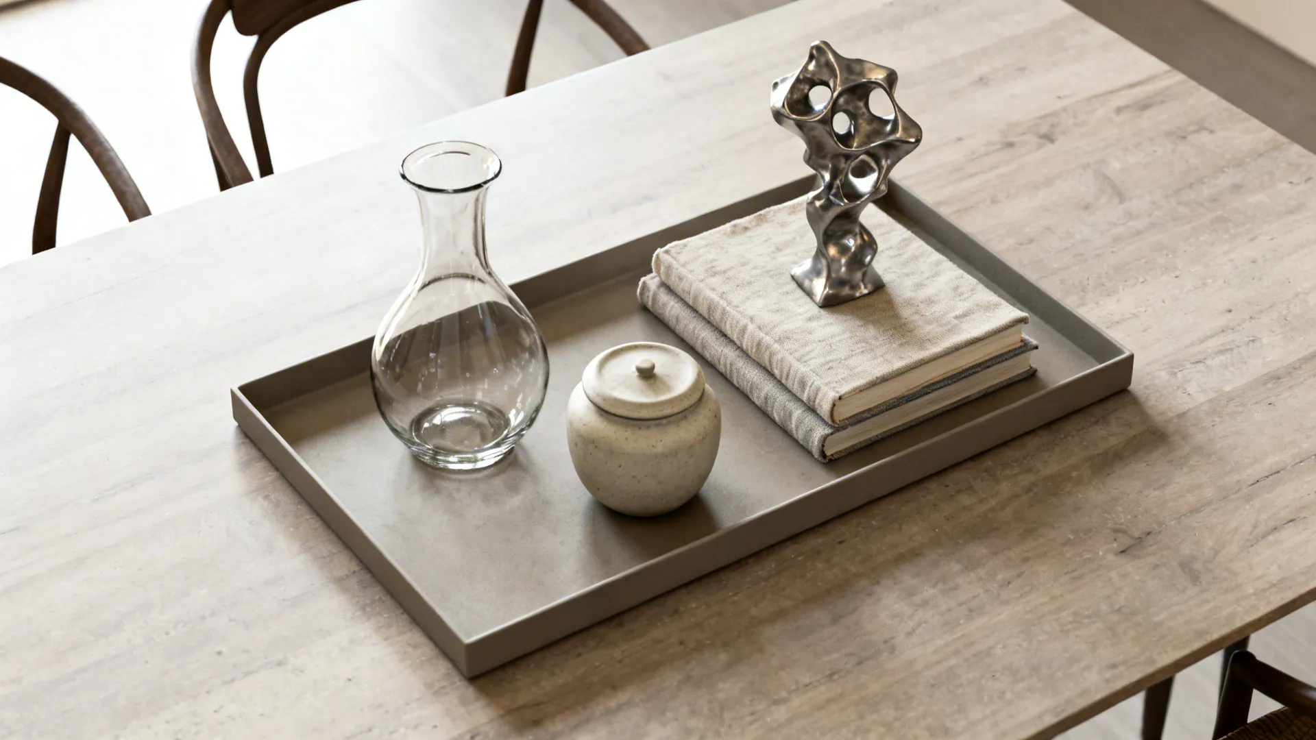 Top-down view of a low tray with curated objects forming a tidy dining centerpiece.