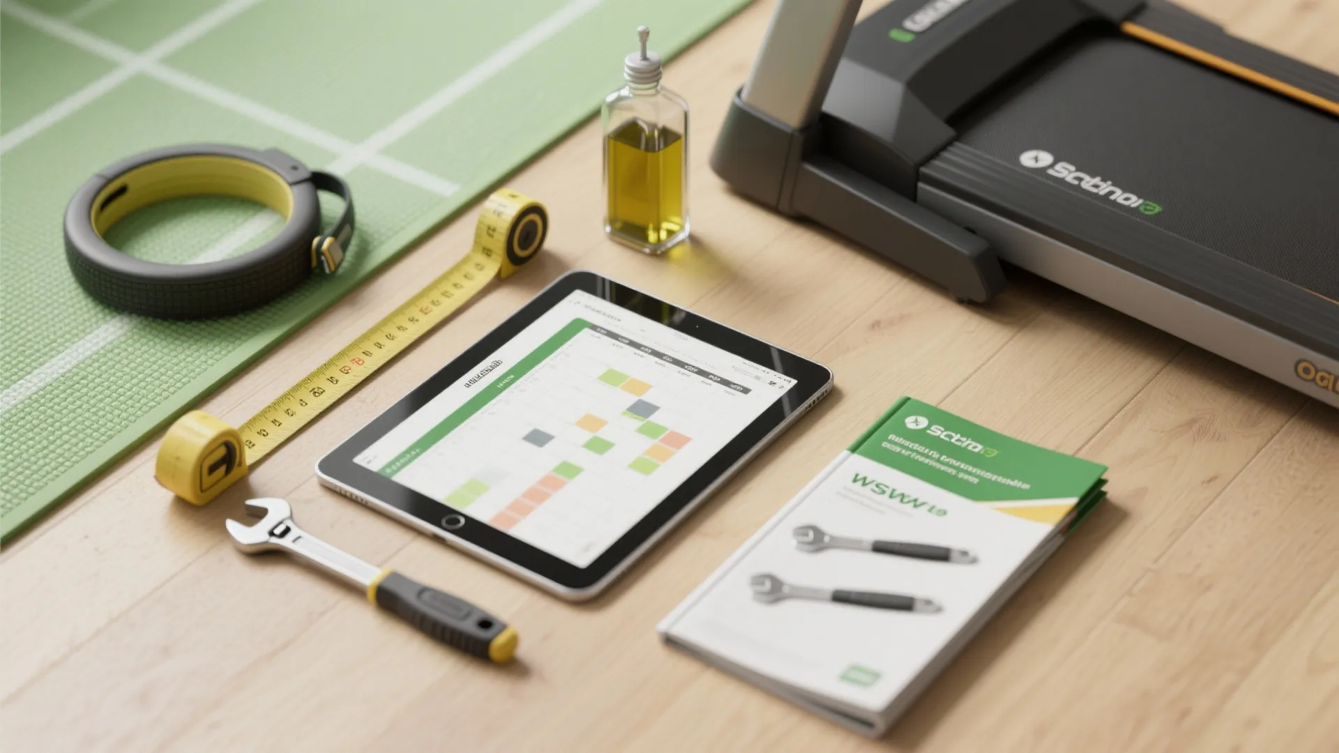 Flatlay of measuring tape, mat, tablet showing 3D planner, maintenance tools and treadmill accessories on wood.