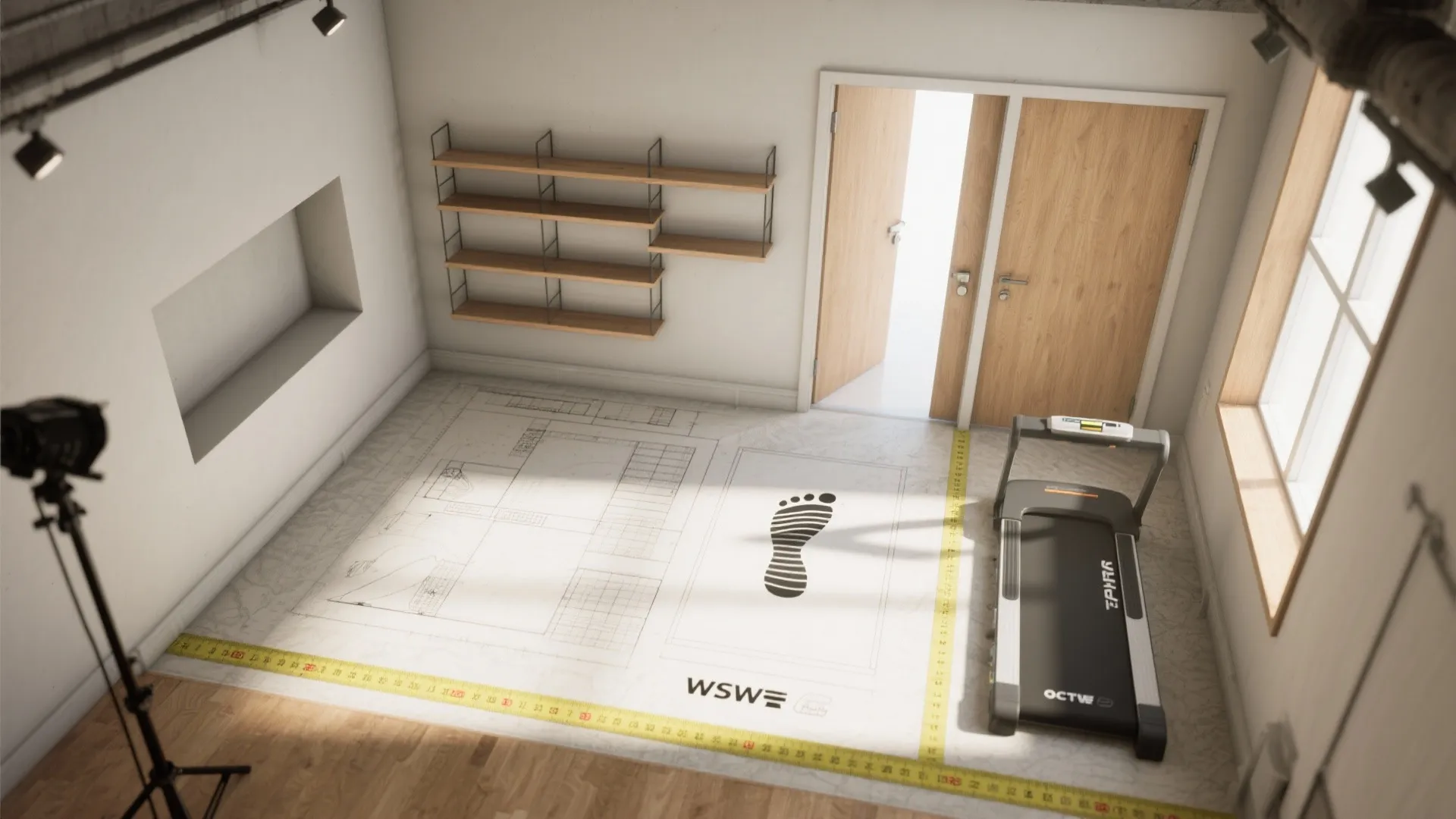 Top-down view of a studio with a taped treadmill footprint and measuring tools for placement planning.