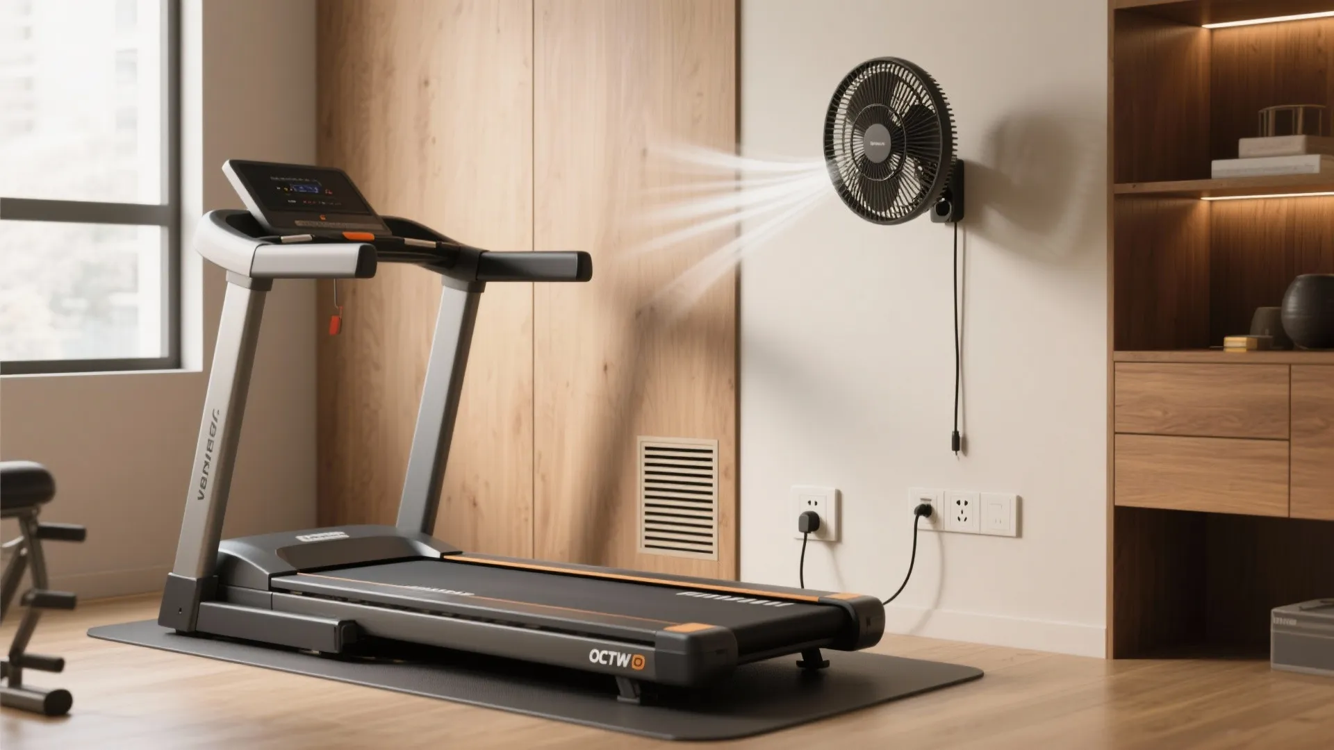 A black treadmill placed on a floor mat with a wall fan blowing cool air