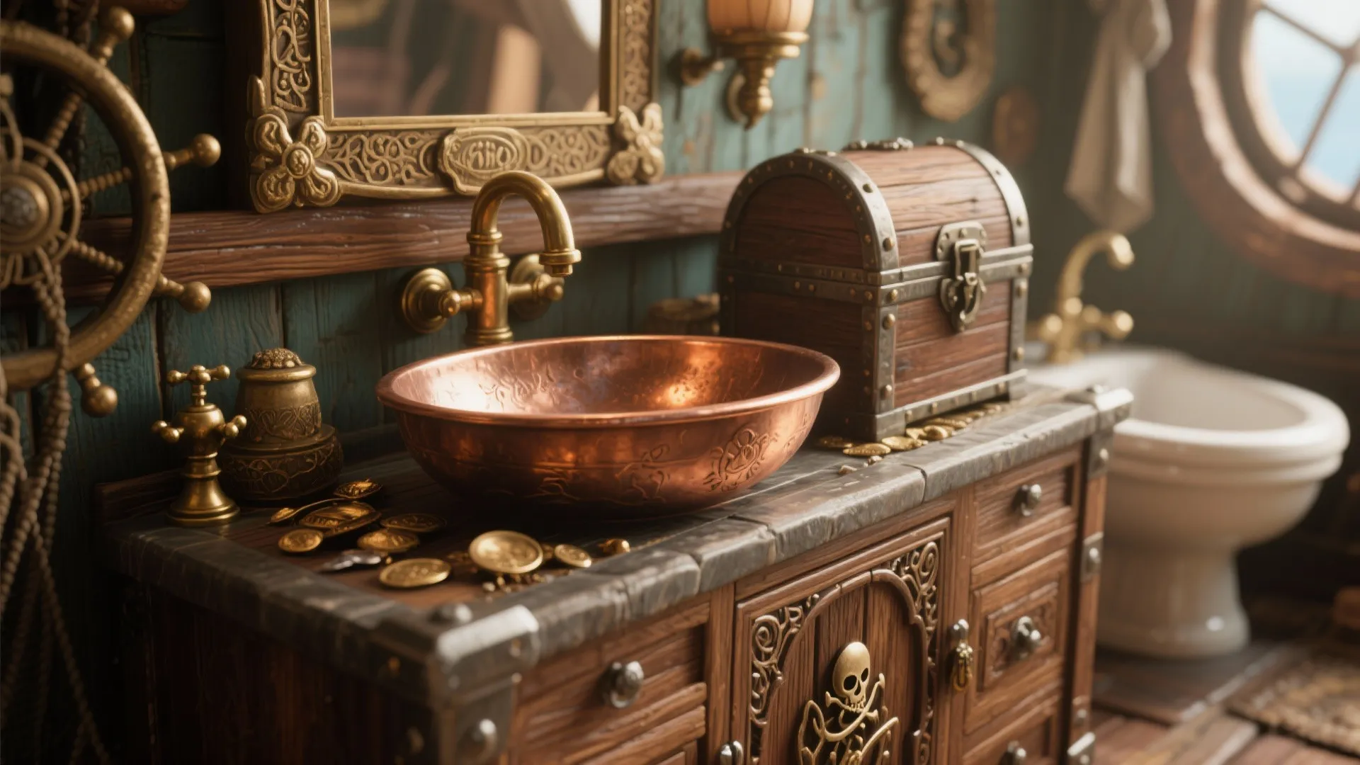 Close-up of a treasure chest converted into a bathroom vanity with copper basin