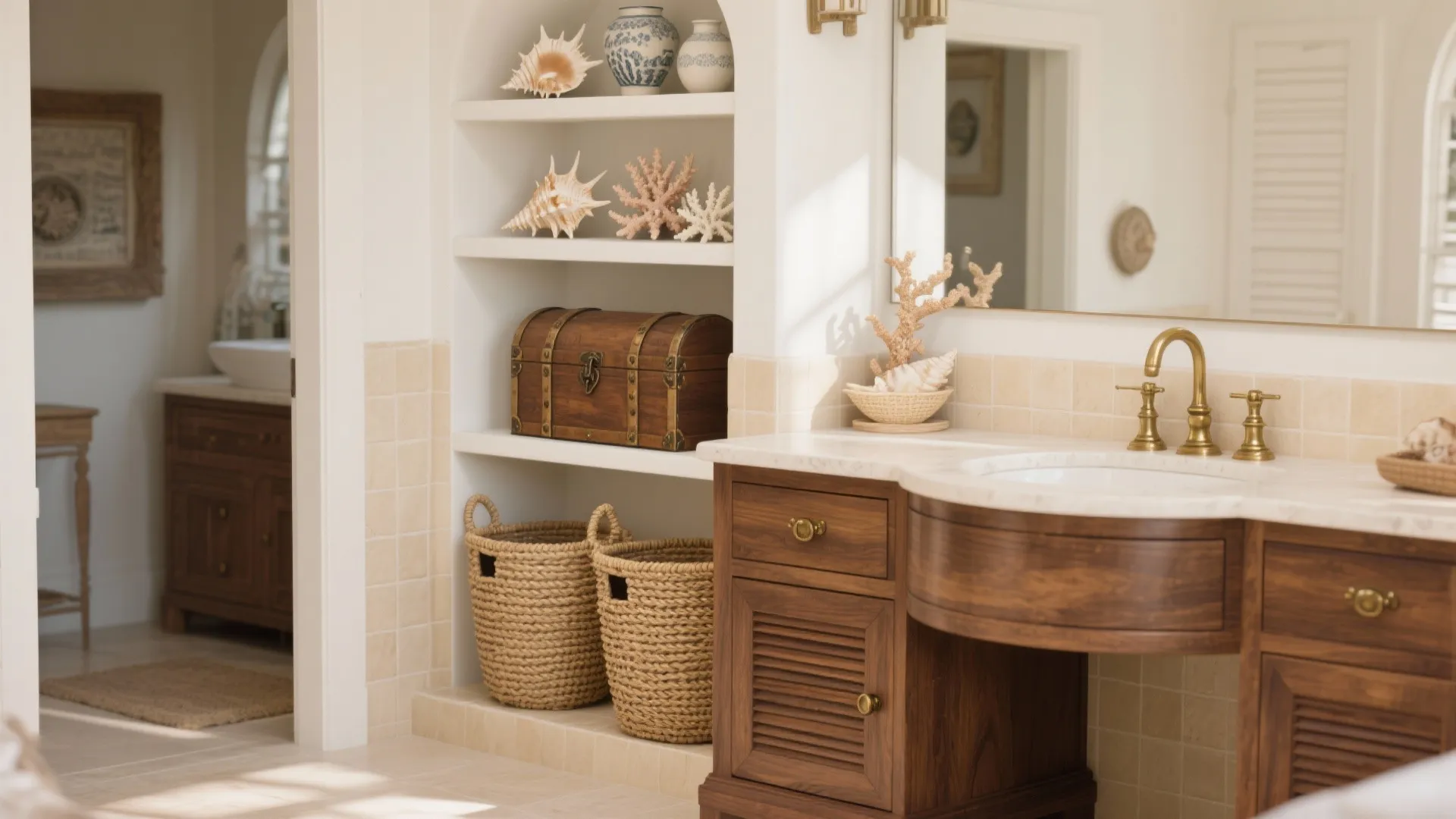 Coastal bathroom with wooden cabinet marble sink brass faucet woven baskets and shells on wall shelves