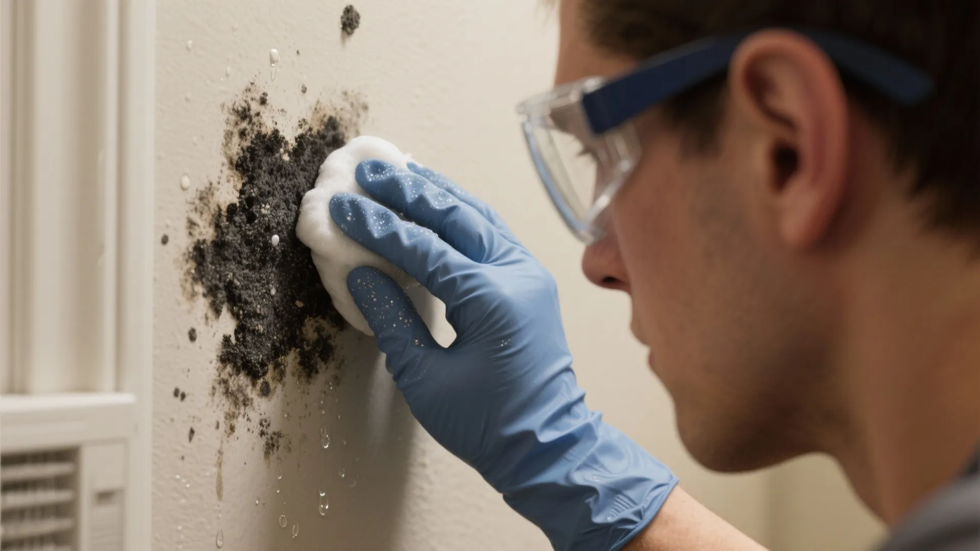 Man wearing blue gloves and safety glasses cleaning black mold off white wall with sponge
