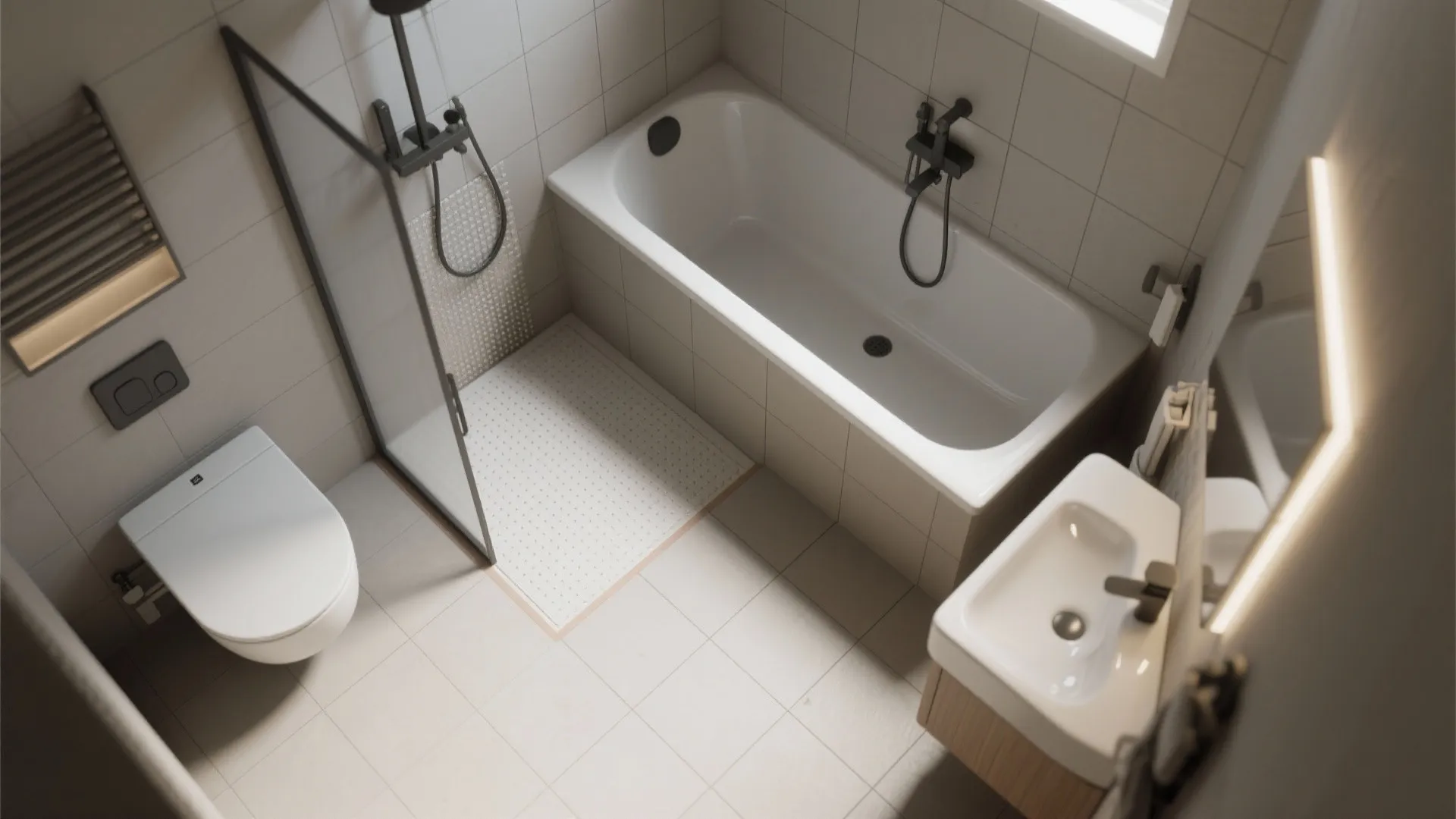 Top down view of small bathroom layout with white toilet white bathtub sink and shower