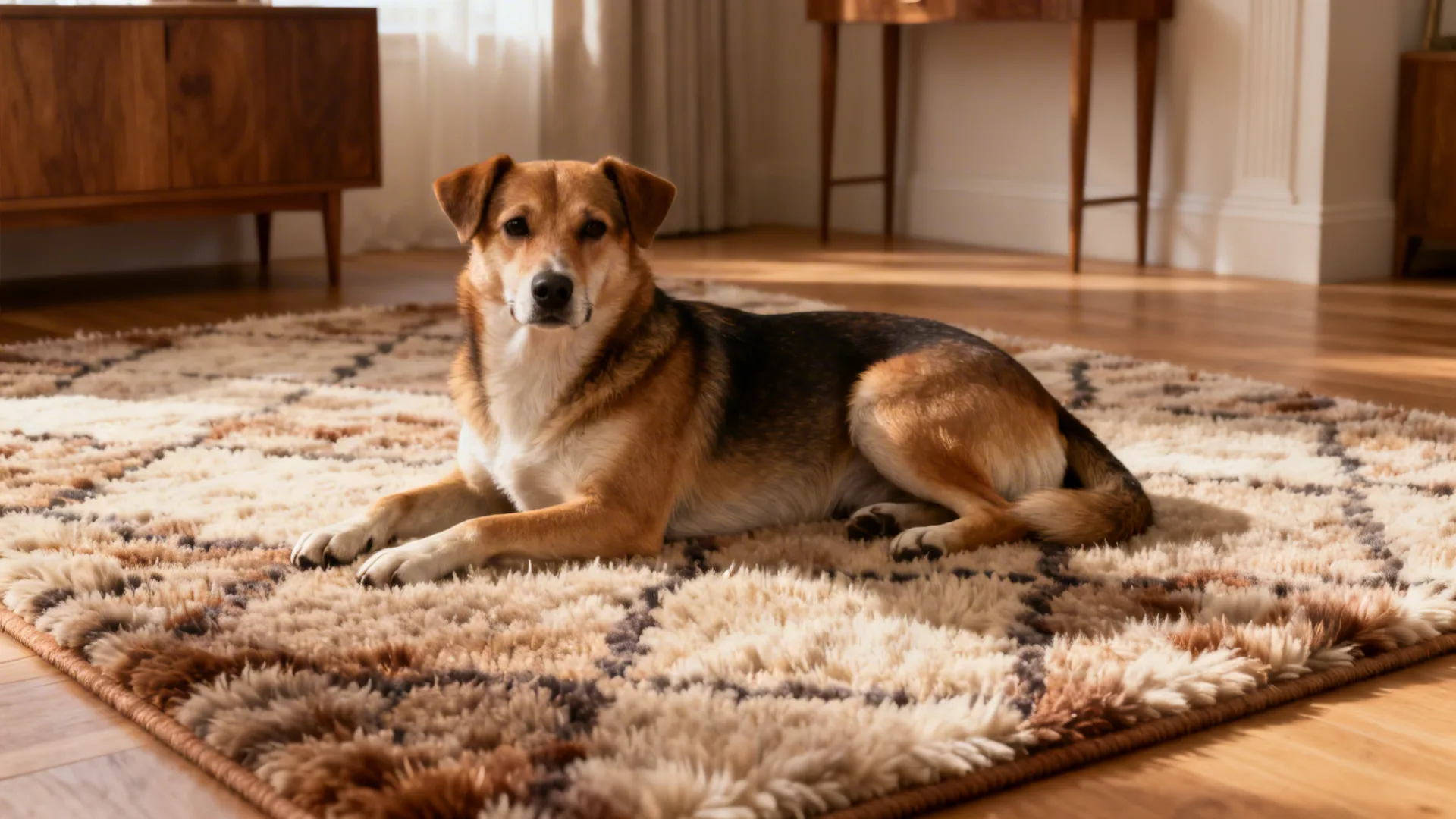 Elegant living room with a stain-resistant treated wool rug and a dog resting on its plush surface.