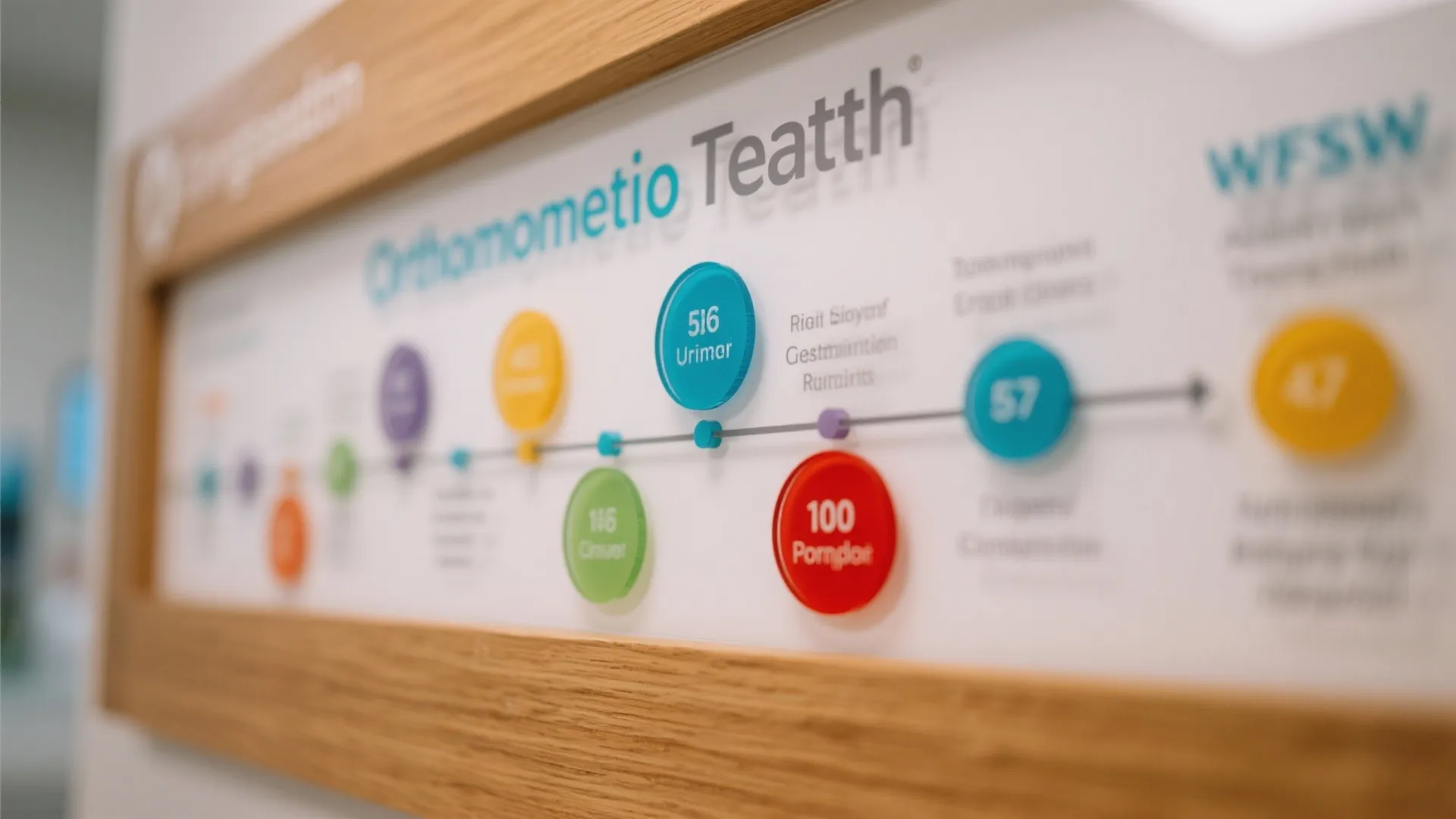 Timeline board with colorful circles and numbers inside a wooden frame for a dental office clinic