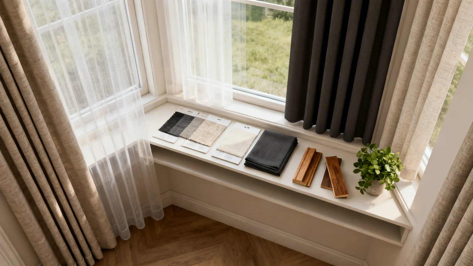 Flatlay of sheer and blackout fabric samples, shelf styling items and wood trim for bay window treatments