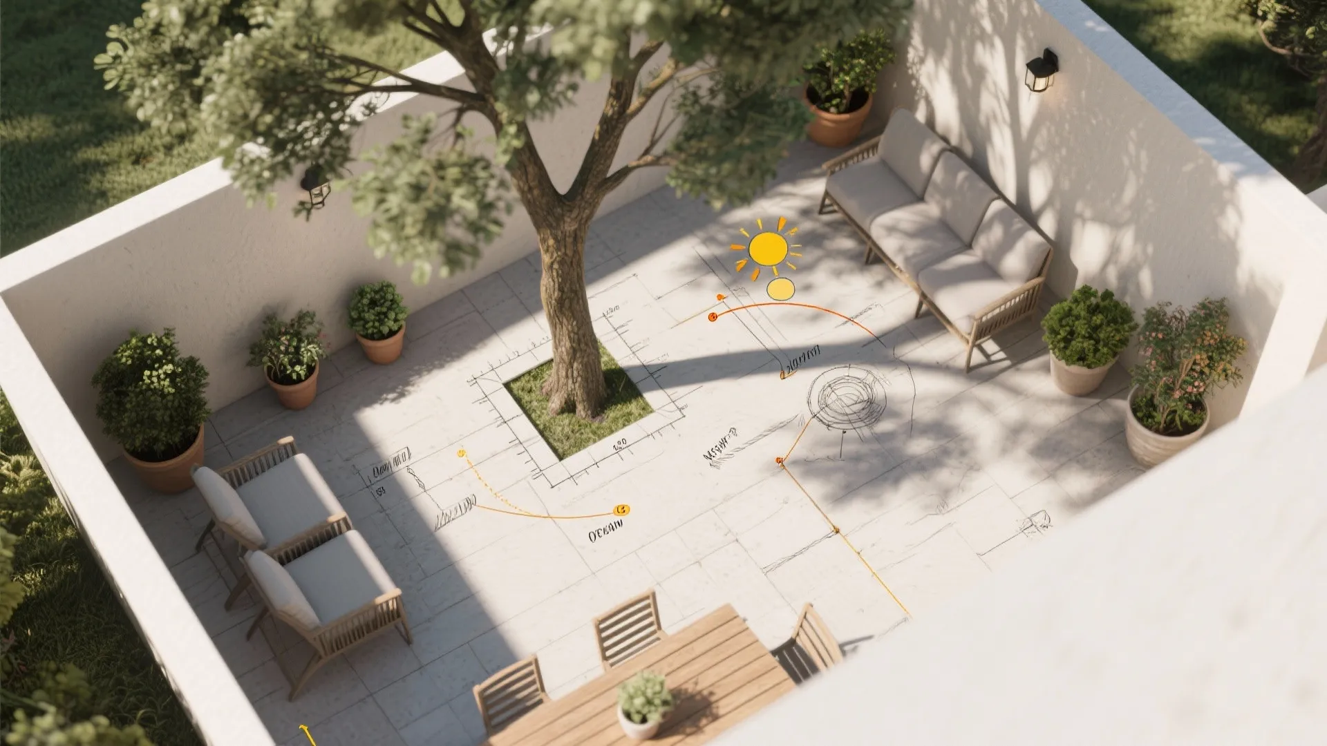 Outdoor patio design drawing showing sun path with sofa seating and central tree placement plan