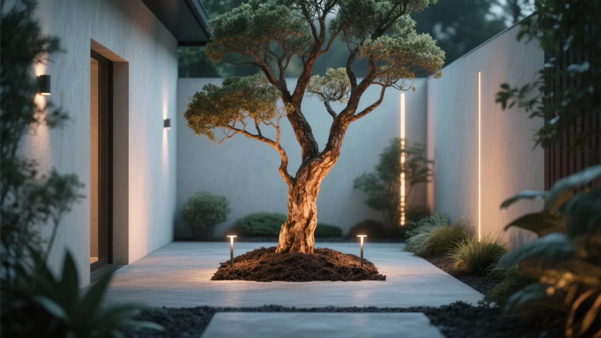 Modern patio with a central tree lit by floor lights and glowing vertical wall lights