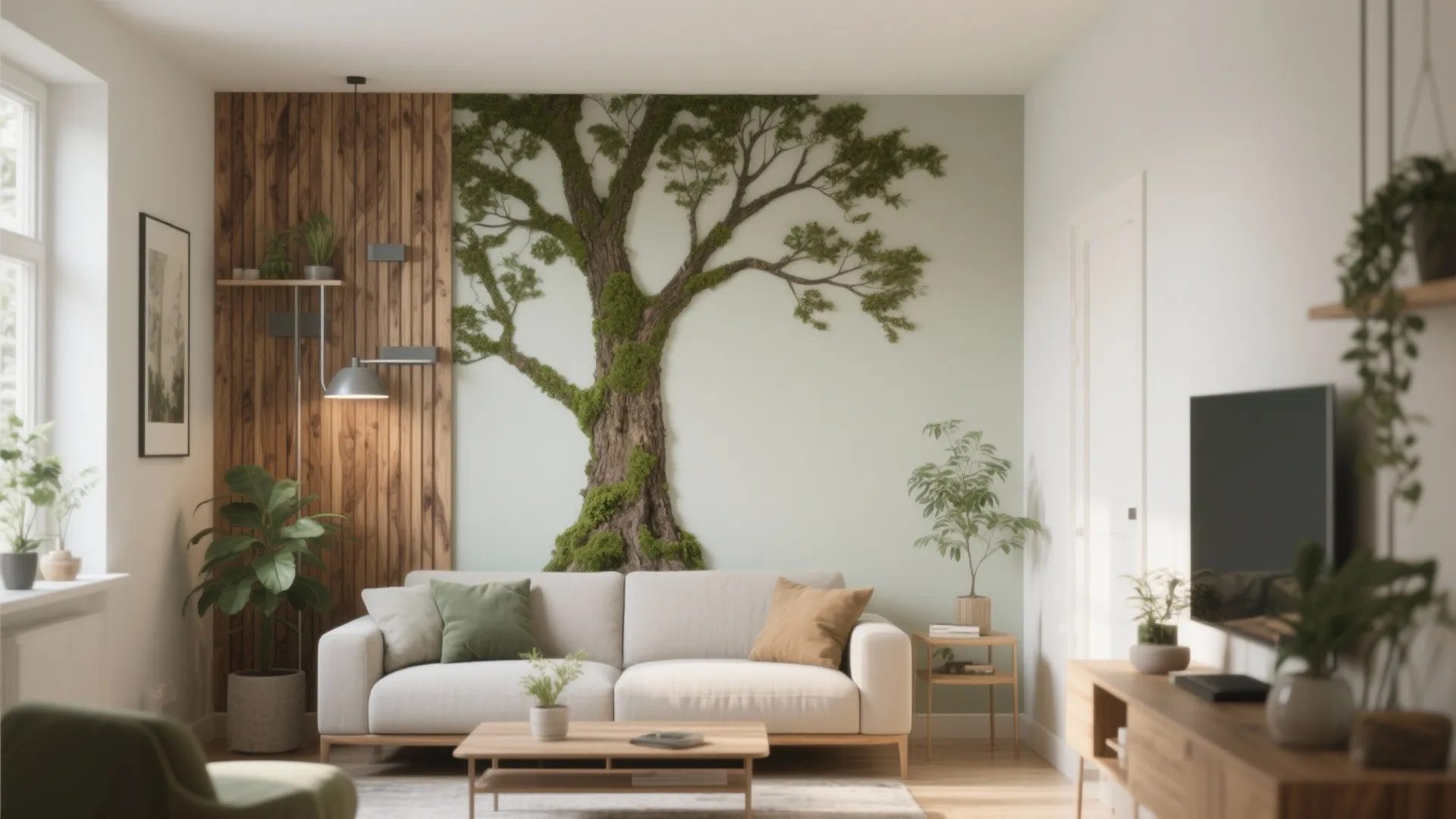 Modern living room with green moss tree wall art, wood panel, white sofa, and plants
