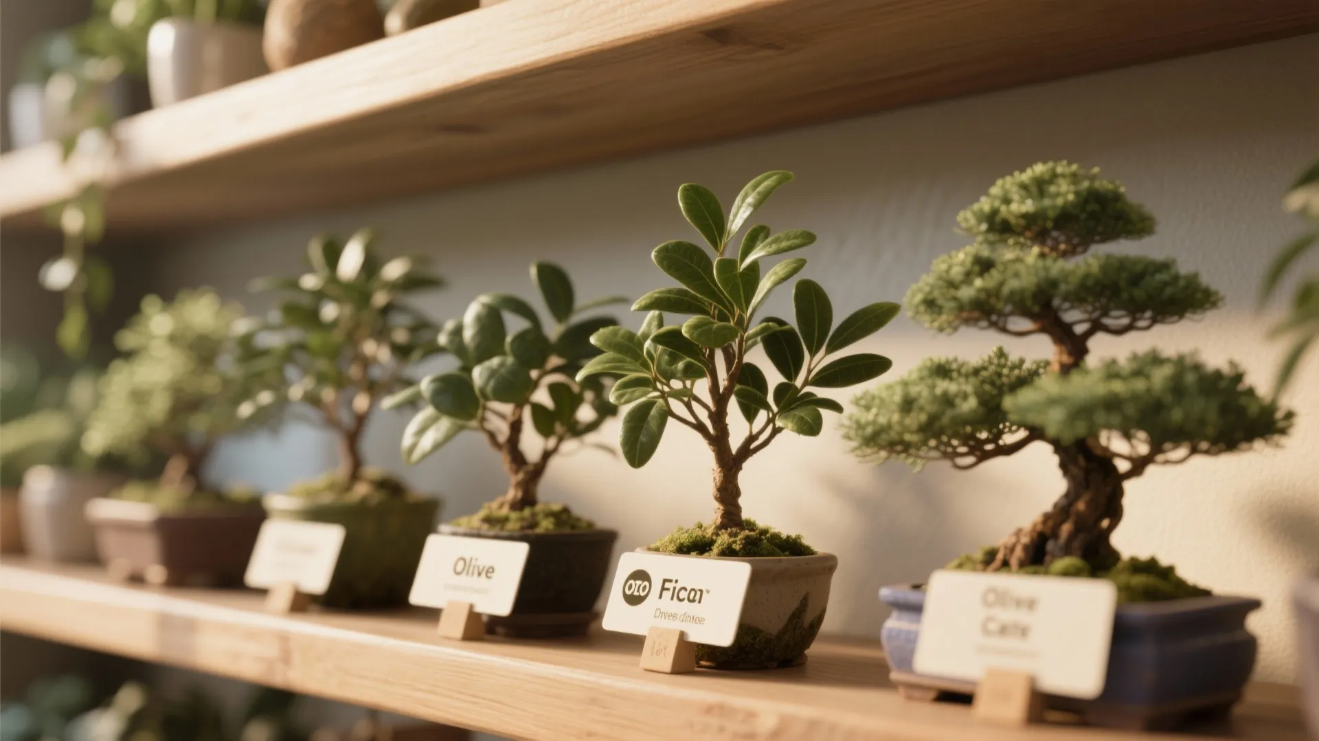 Row of small green potted plants with name labels sitting on a wooden wall shelf