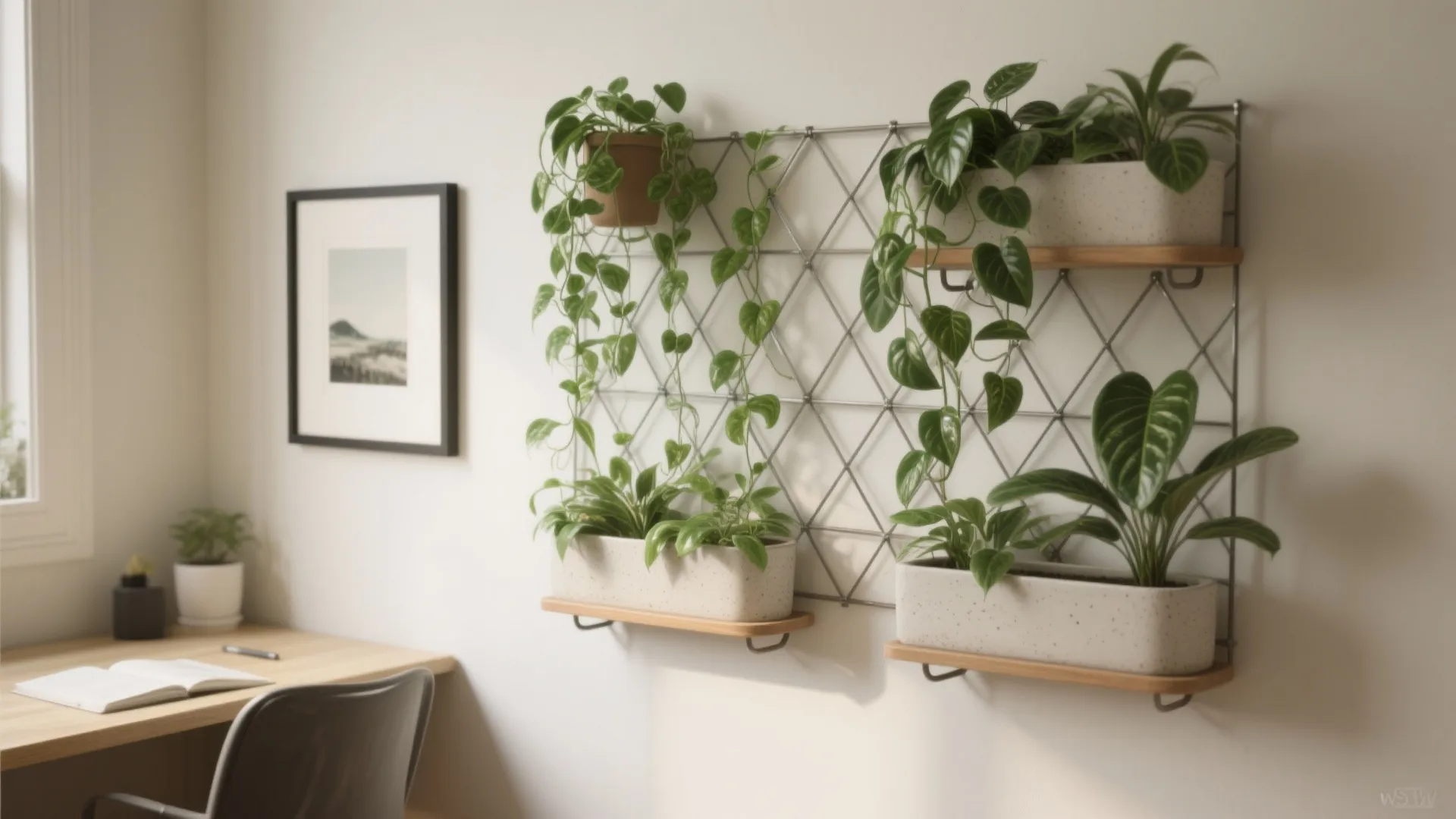 Indoor wall garden with green plants on a metal grid above a simple wood desk